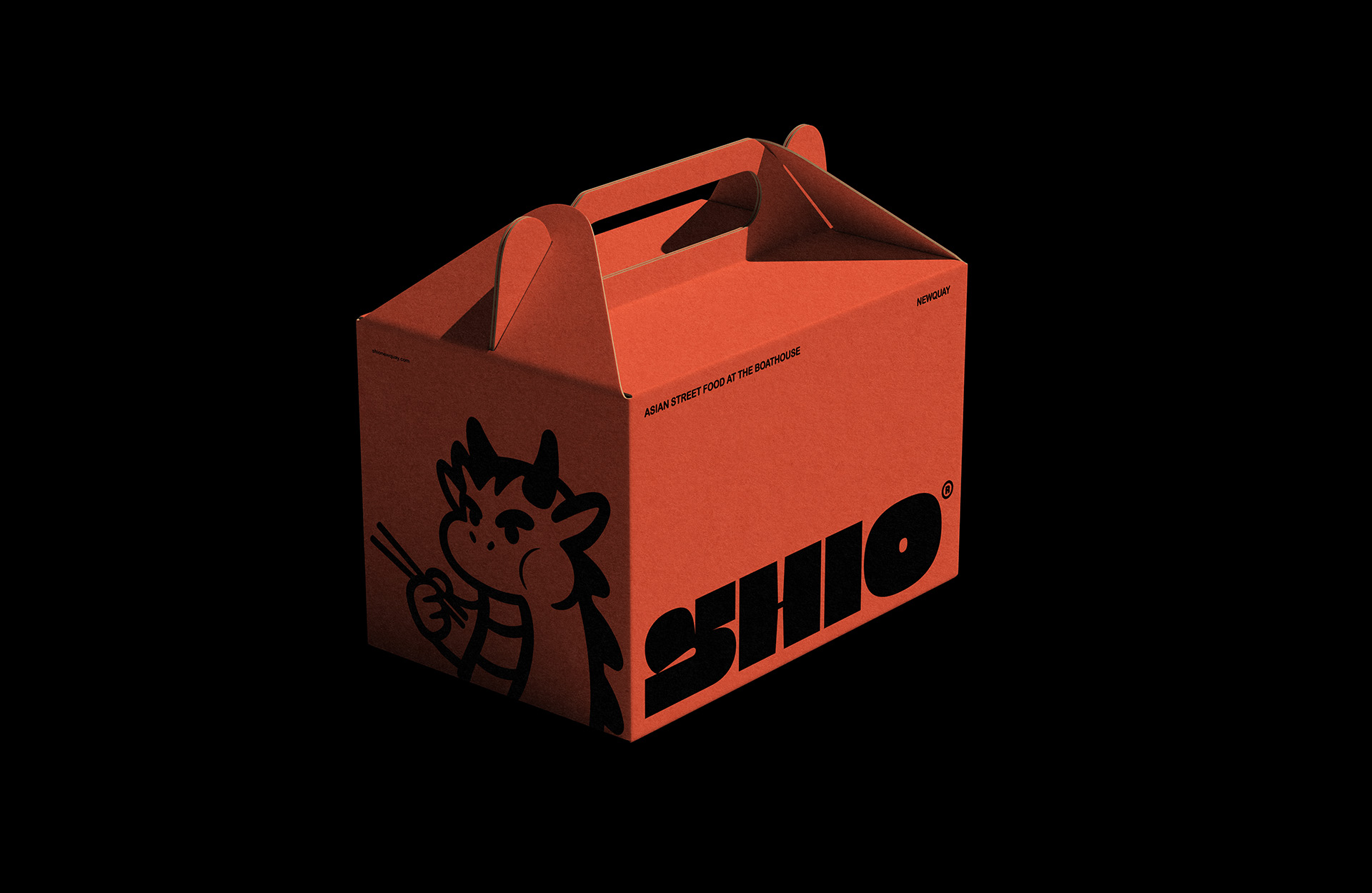 Red takeout box with cartoon character and "SHIO" branding on a black background.