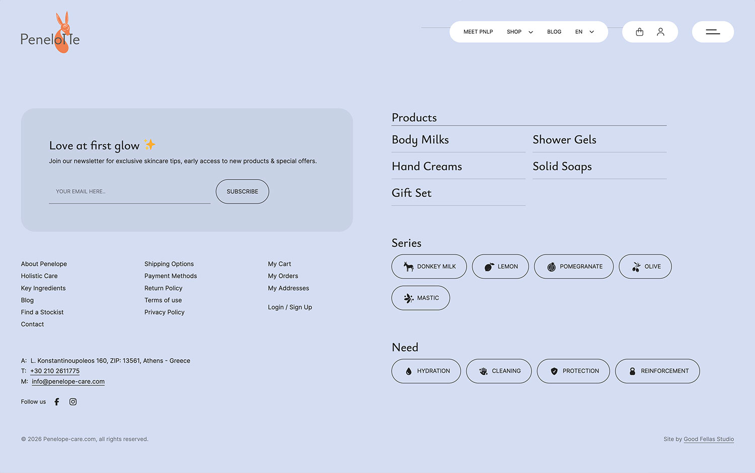 Skincare website footer with a newsletter signup and product categories.