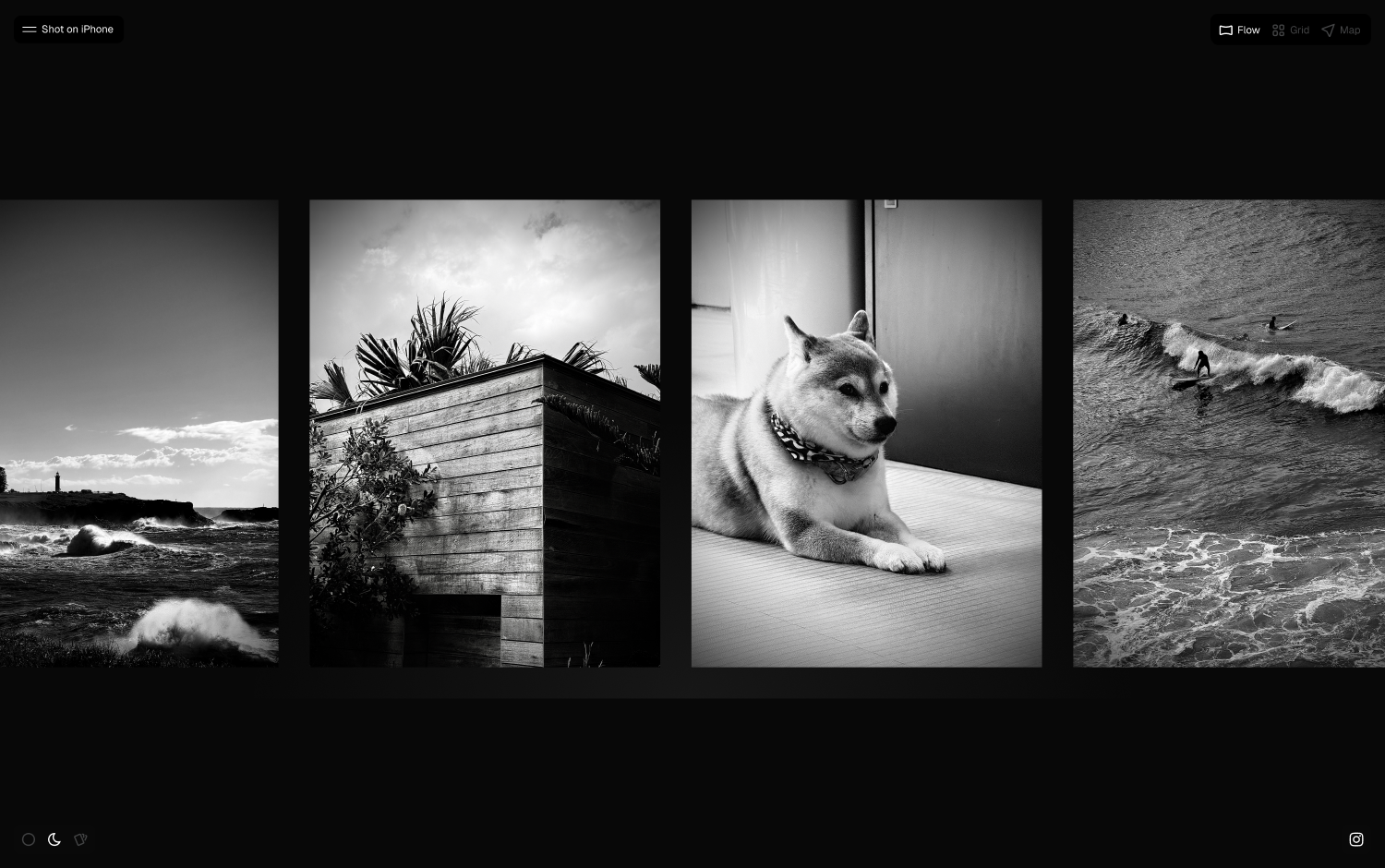 Four black-and-white images: ocean waves, rooftop, dog, and surfers.