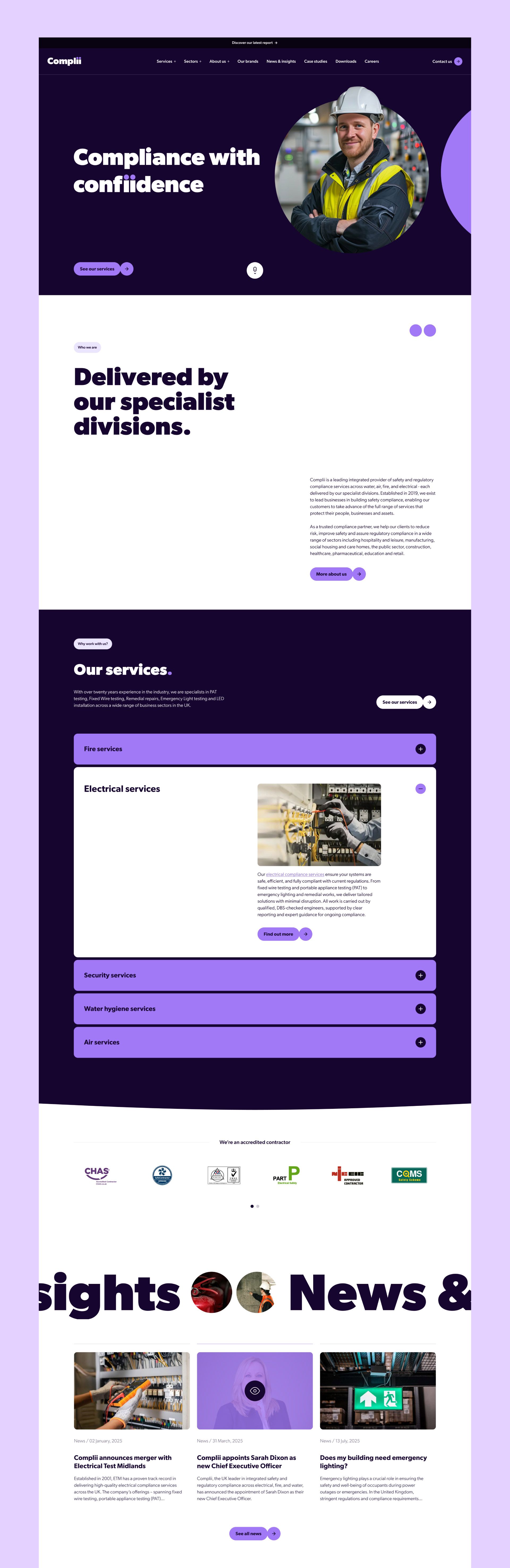 Professional services website showcasing compliance and various service offerings.