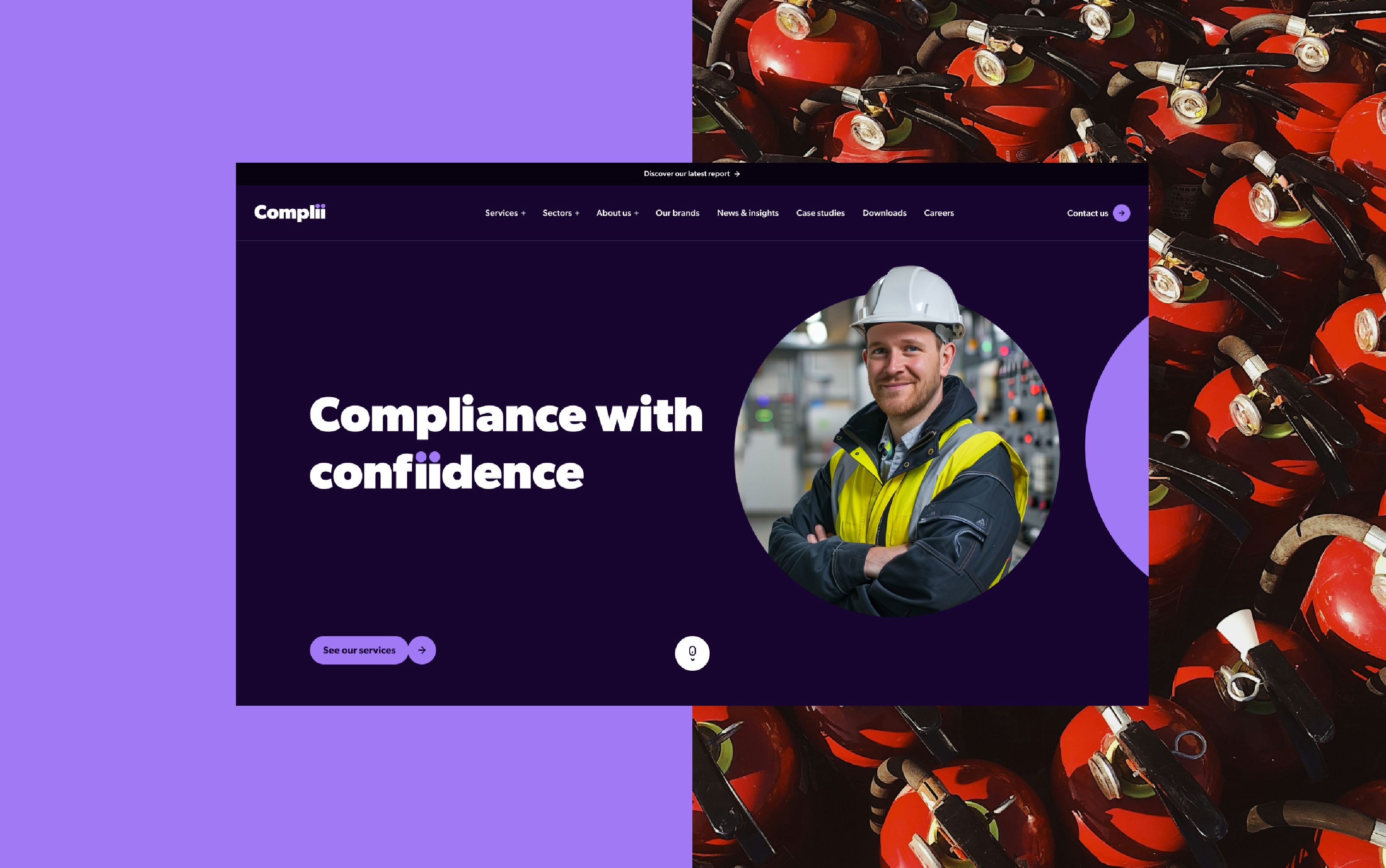 Construction worker on website promoting compliance, surrounded by fire extinguishers.