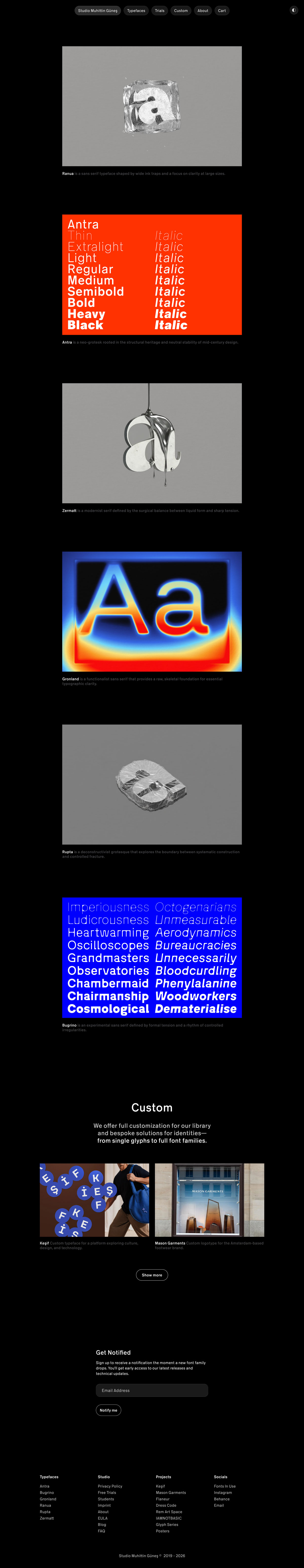 A website featuring modern typeface designs and customization options on a black background.