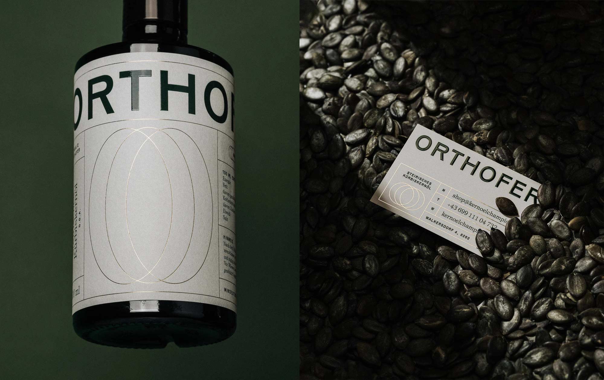 Bottle and card with "ORTHOFER" branding, surrounded by dark seeds on a green background.