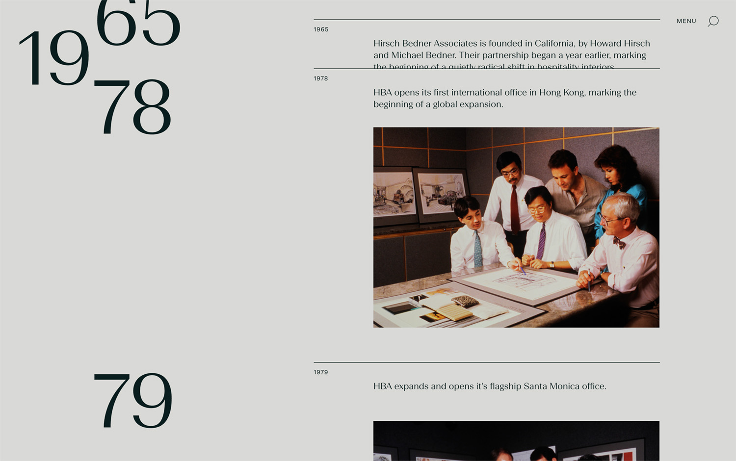 Timeline showing HBA's founding and global expansion with a team planning in 1978.