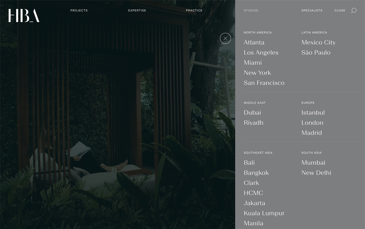 HBA website menu with global city listings for studios and specialists shown.