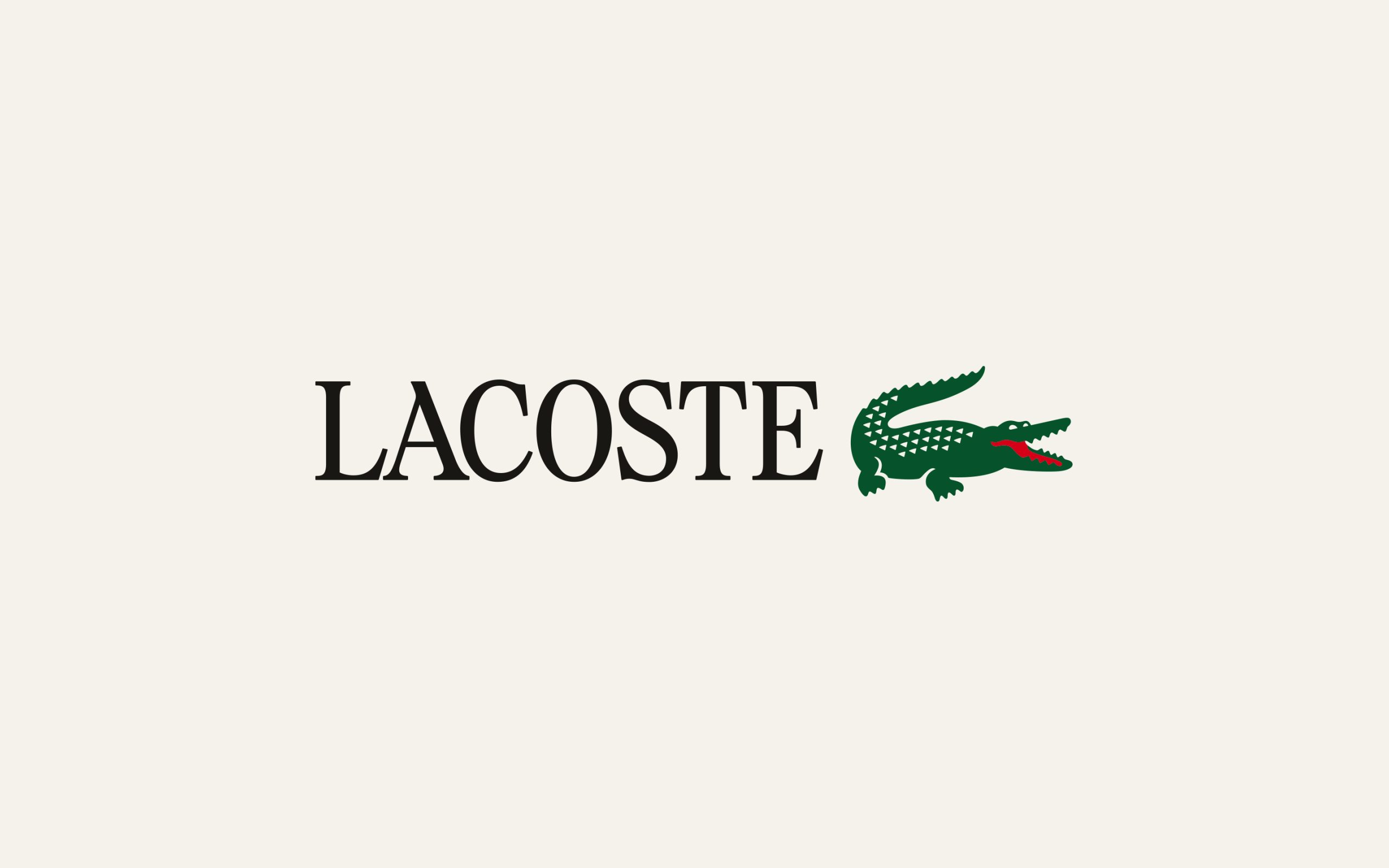 LACOSTE logo with a green crocodile on a cream background.
