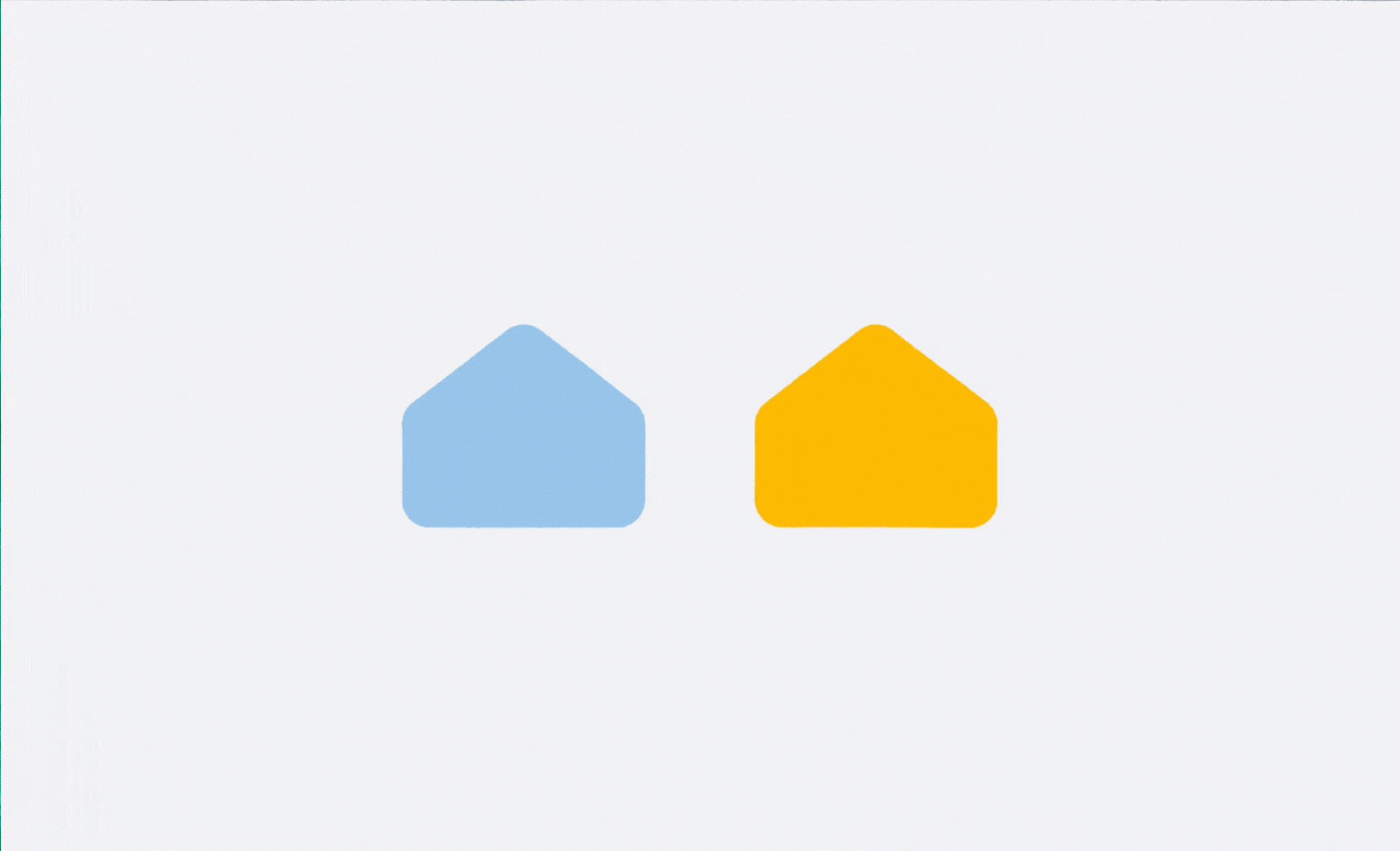 Two simple house shapes, one blue and one yellow, positioned against a white background, subtly shifting in place.