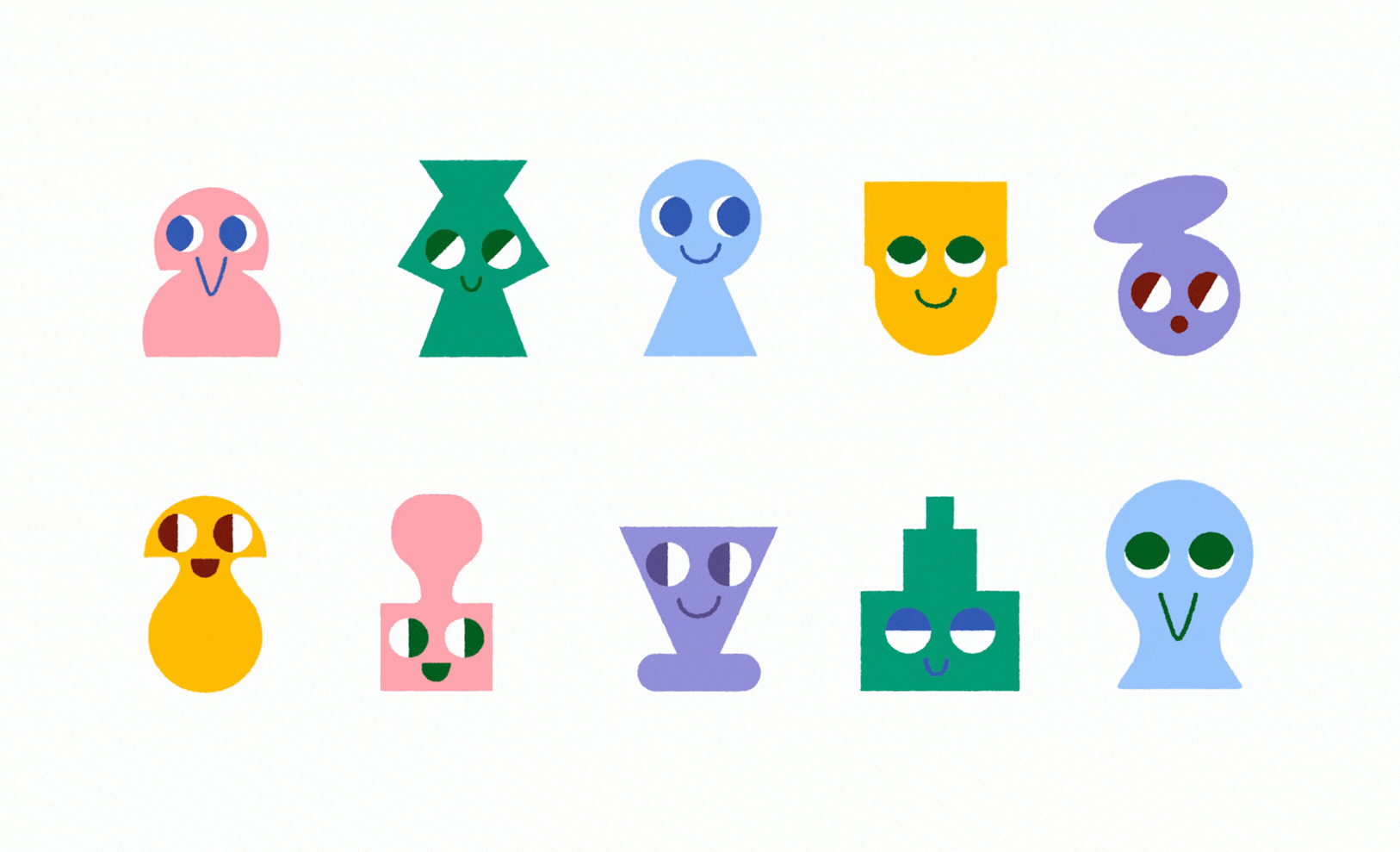 A colorful array of playful, abstract characters with various shapes and smiling faces, set against a white background.