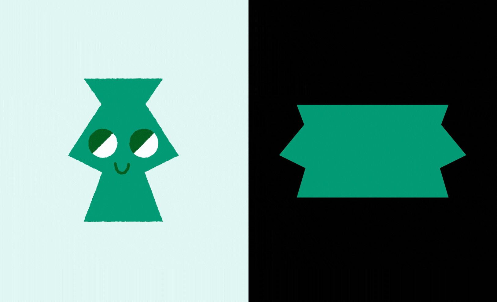 A playful green character with large eyes smiles against a light blue background, juxtaposed with a dark black side featuring a green shape.