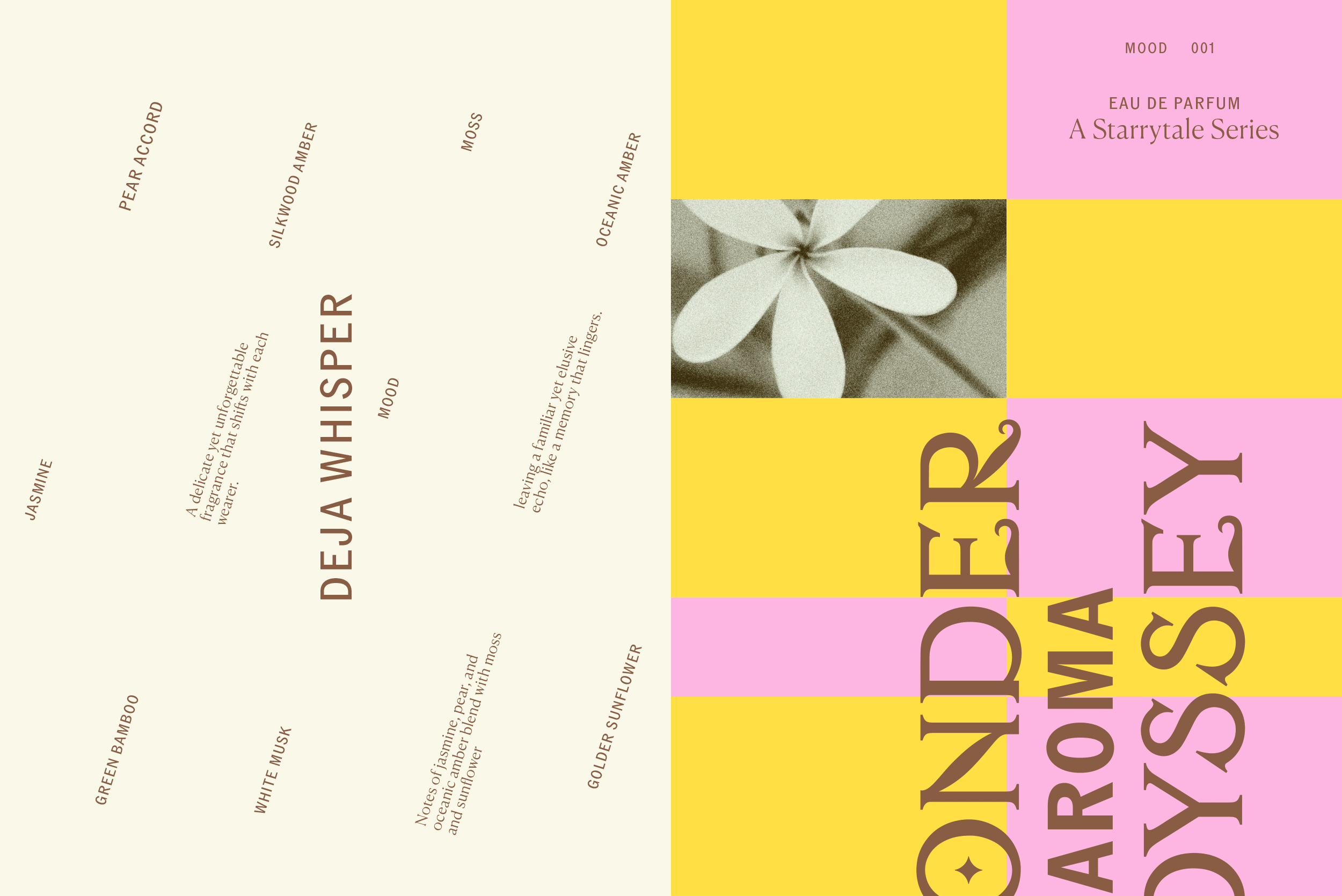 A split design featuring earthy tones and pastel colors, with floral imagery and typography that highlights various scents.