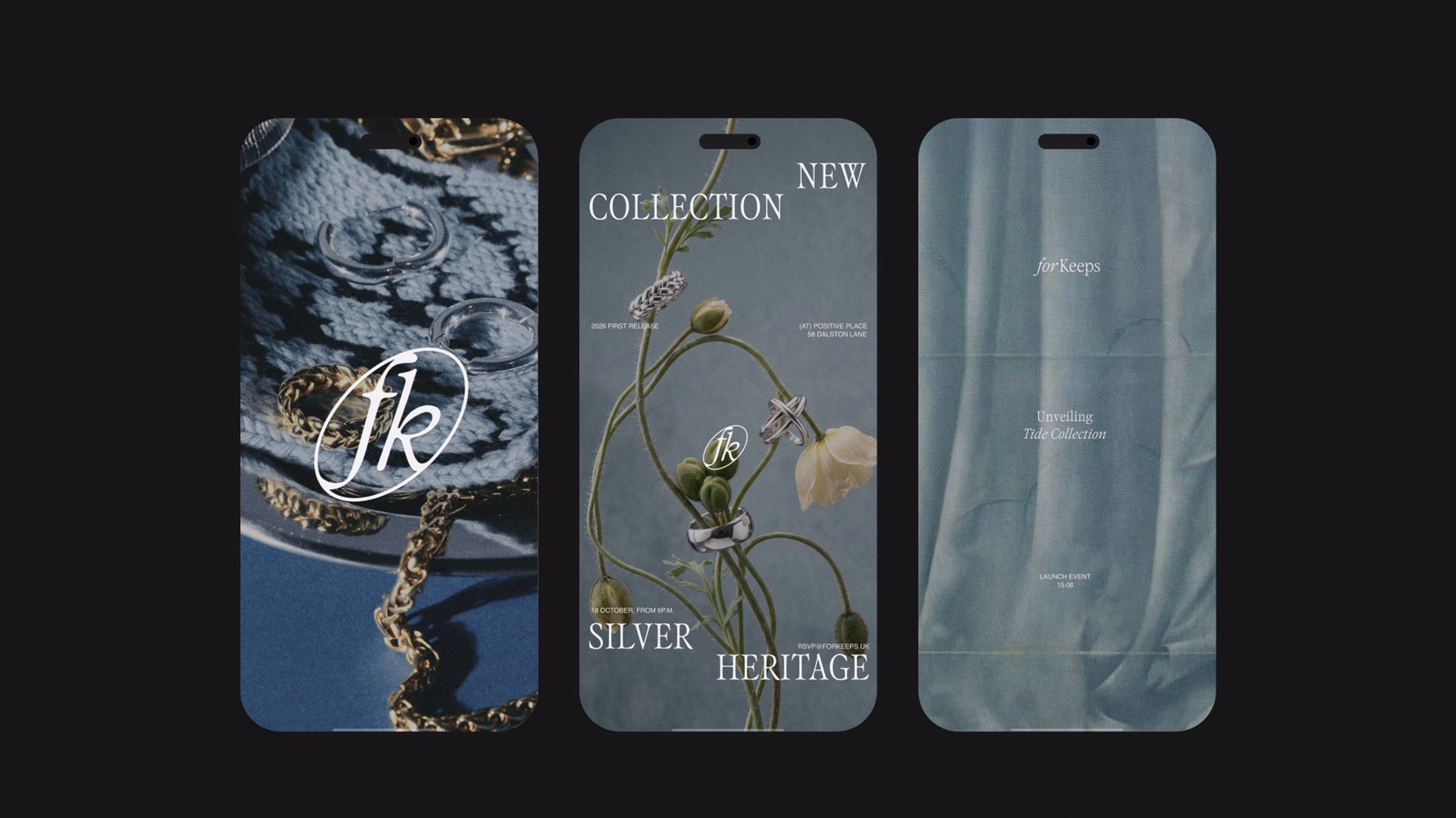 A trio of promotional cards for For Keeps jewellery, featuring a deep blue and delicate typography design.