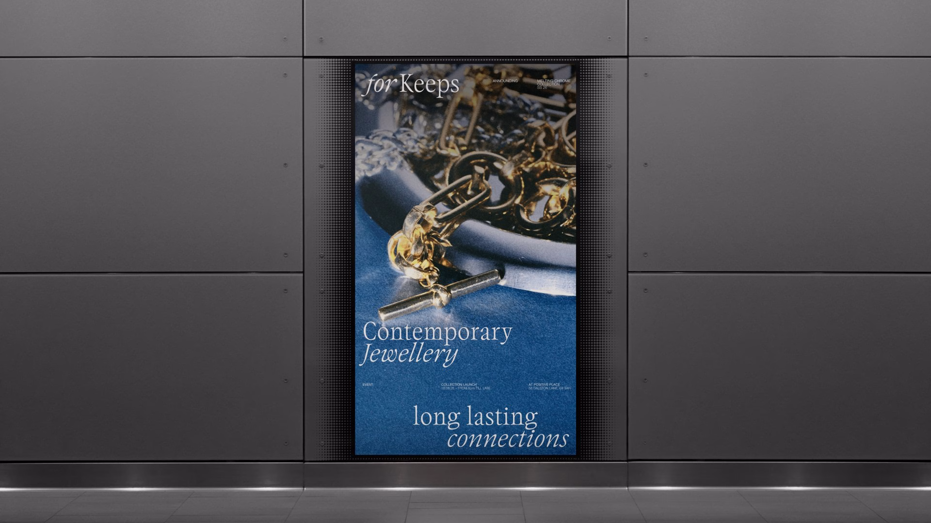 For Keeps' jewellery identity features a blue backdrop with bold typography and gold jewellery in the foreground.