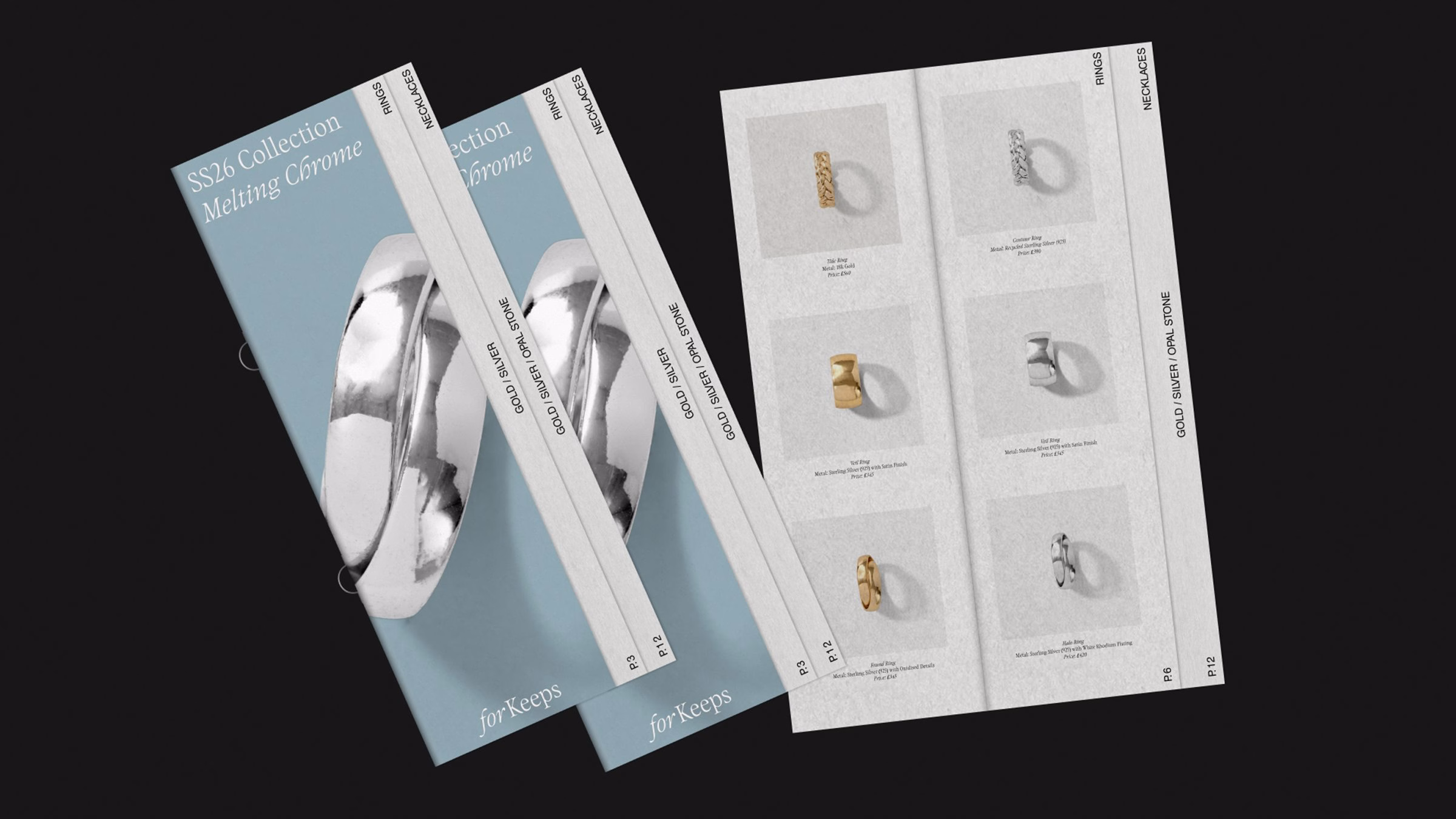 Jewellery catalog with silver rings and necklaces against a blue background, featuring sleek typography and minimalist layout.