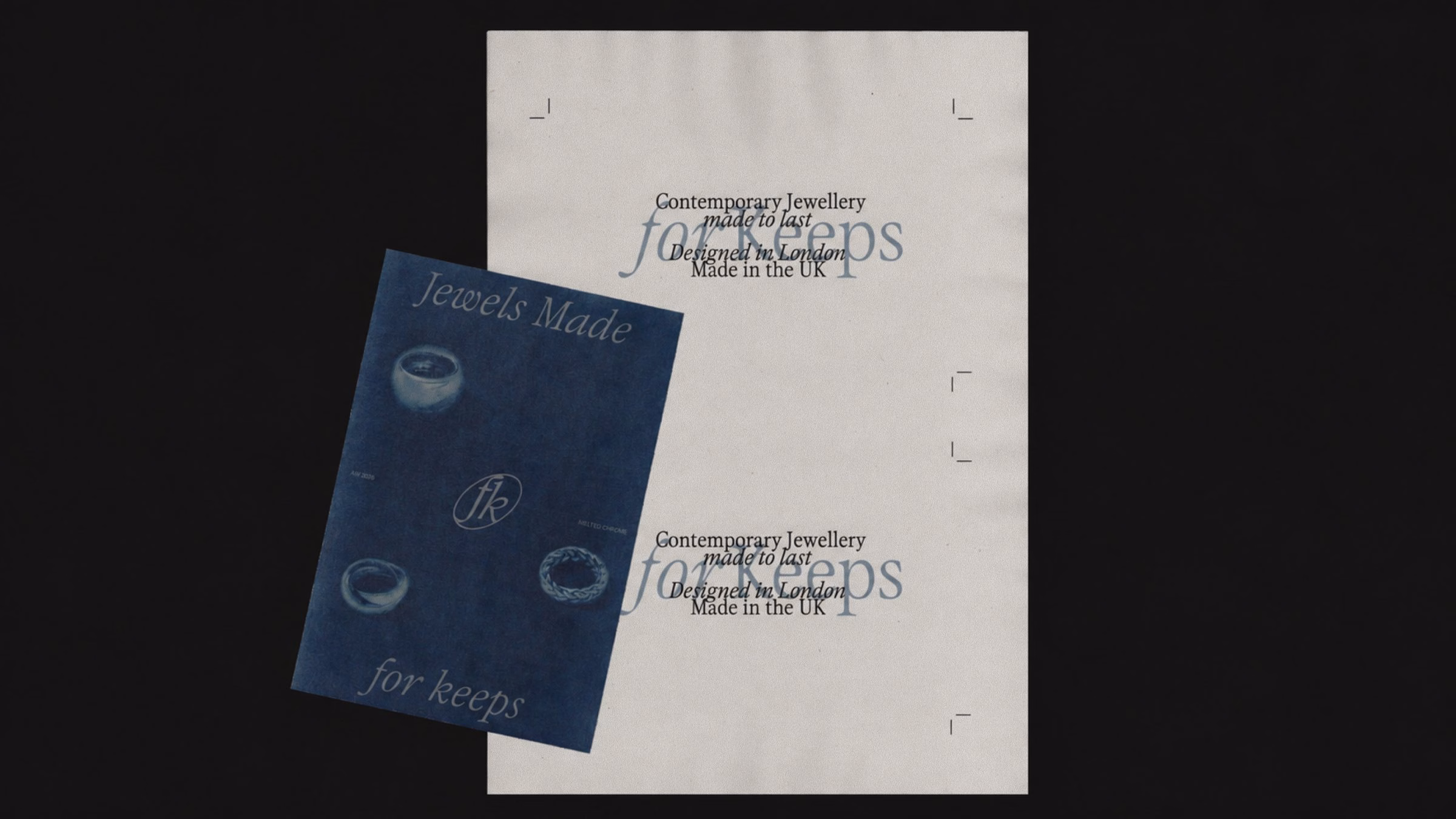 A dark blue jewellery brochure features elegant typography and illustrations, showcasing the For Keeps brand identity.
