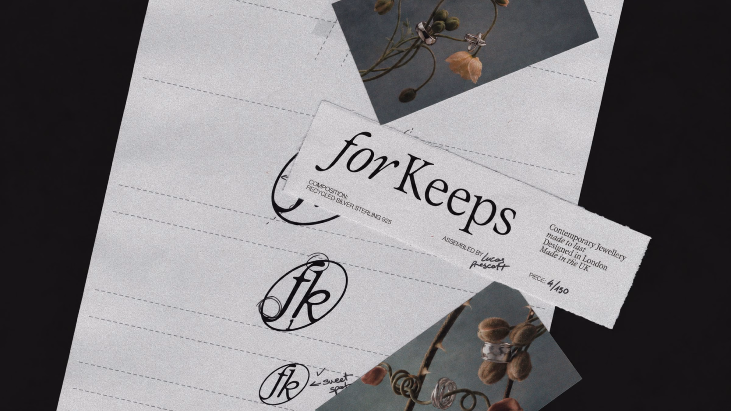 A layout featuring the forKeeps logo and sketches, showcasing a modern jewellery identity with a focus on recycled silver.