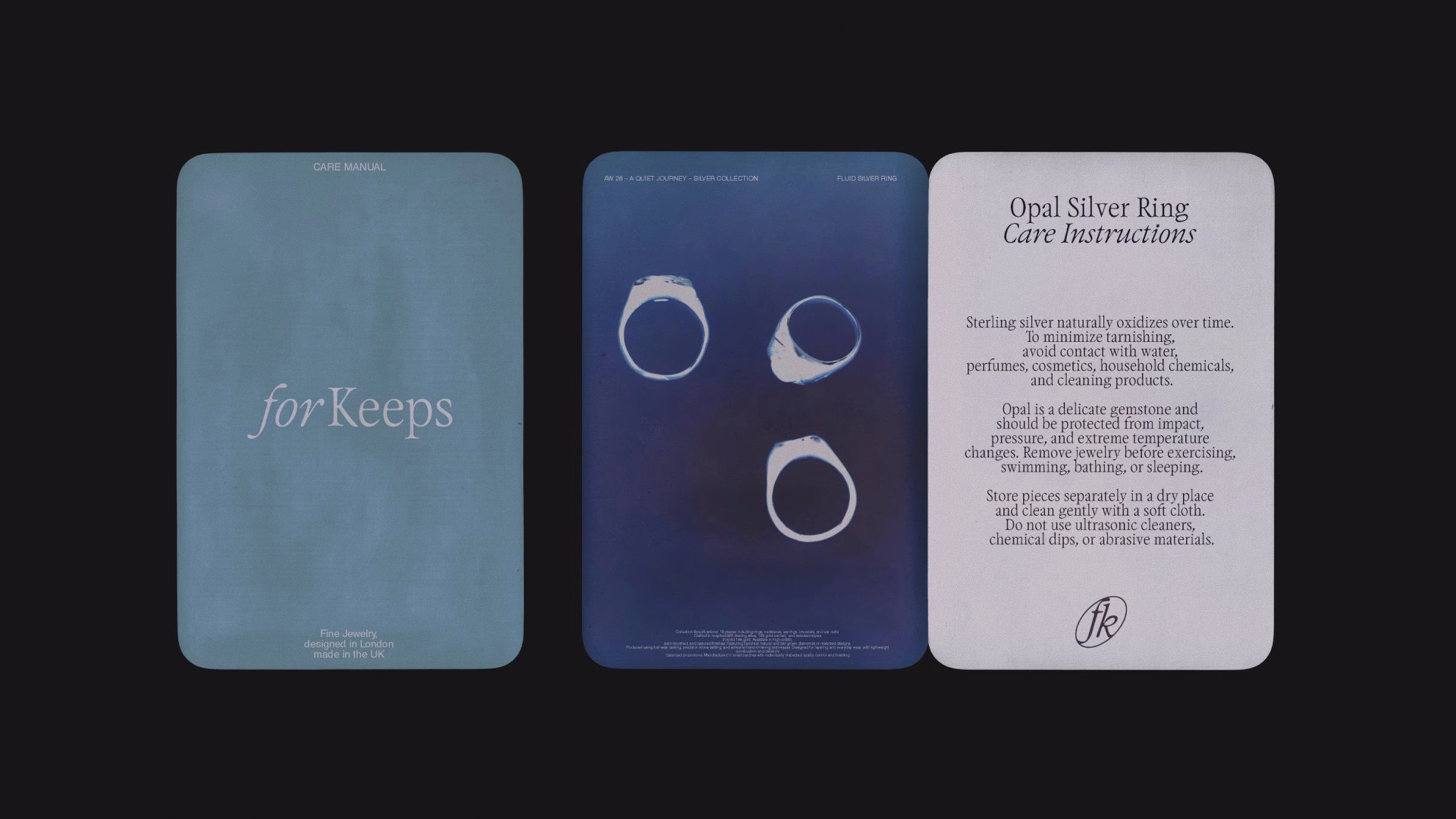 Care manual for For Keeps, featuring a gradient blue background and minimalist typography with care instructions on the right.