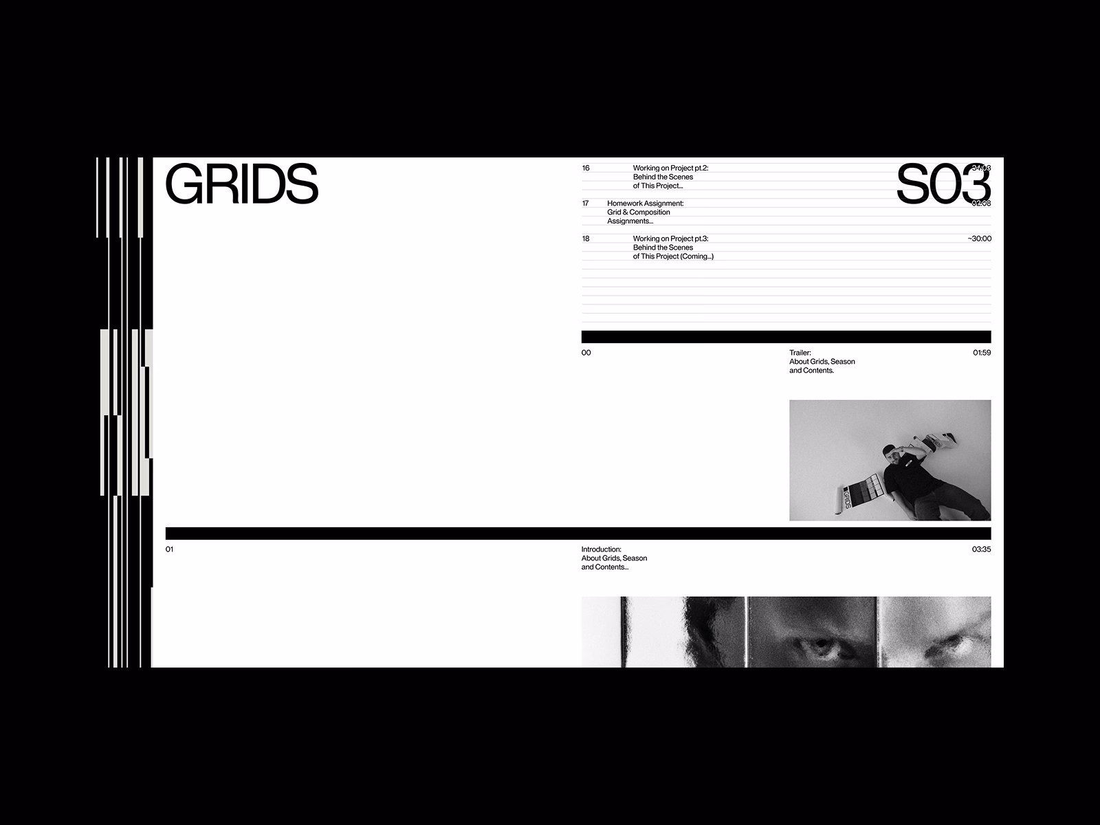 A grid layout featuring bold text and monochrome photography, illustrating interactive design concepts in composition.