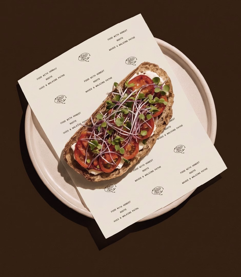 An open sandwich topped with tomatoes and sprouts sits on branded parchment against a dark brown background.