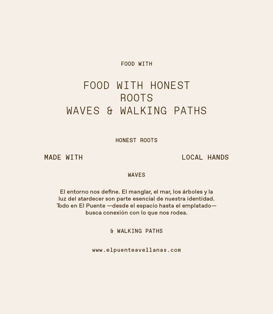 Textual branding design for El Puente features earthy tones with phrases emphasizing local roots and community connection.