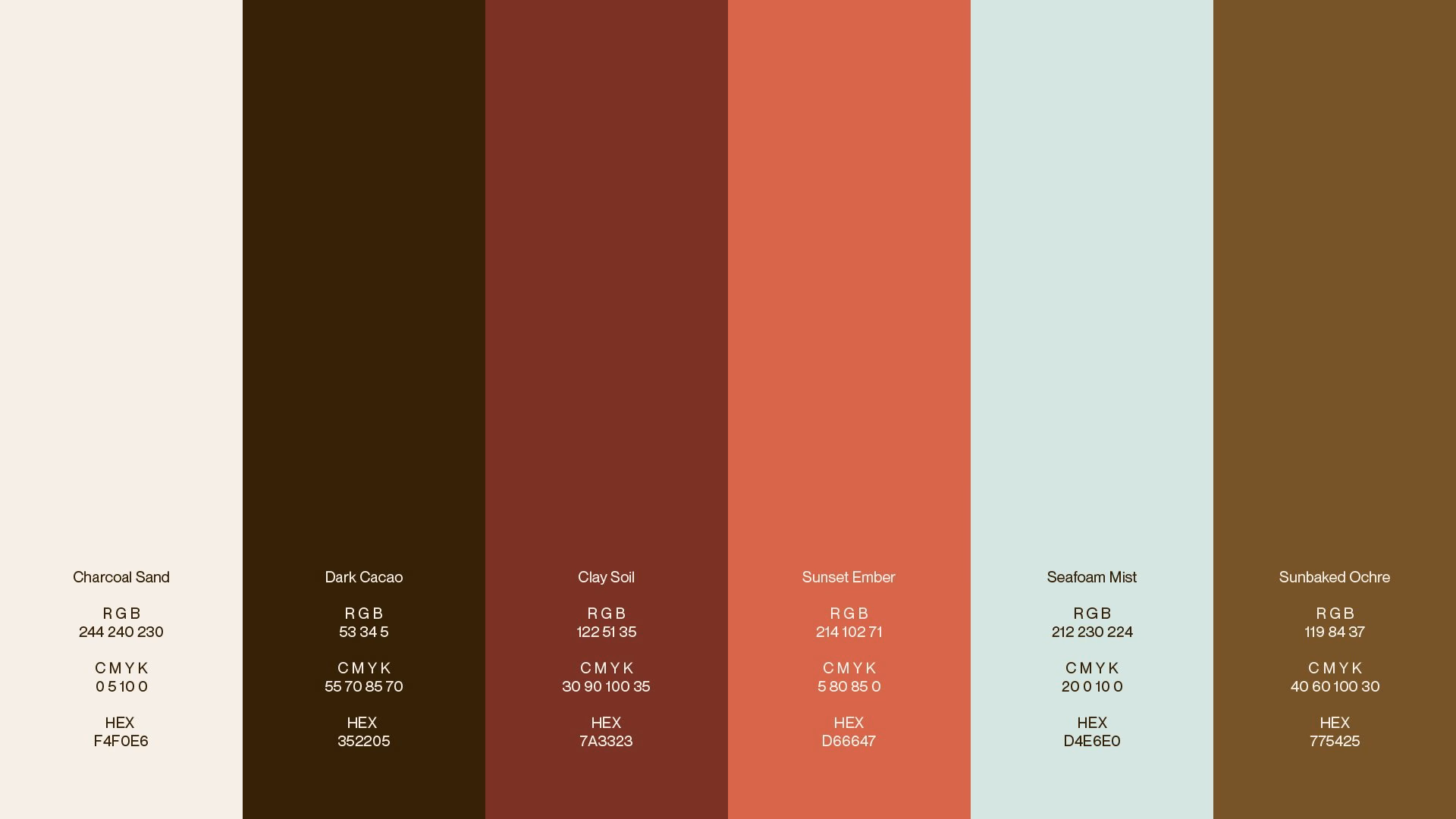 Color palette showcasing earthy tones for El Puente beach restaurant, highlighting the brand identity inspired by nature.