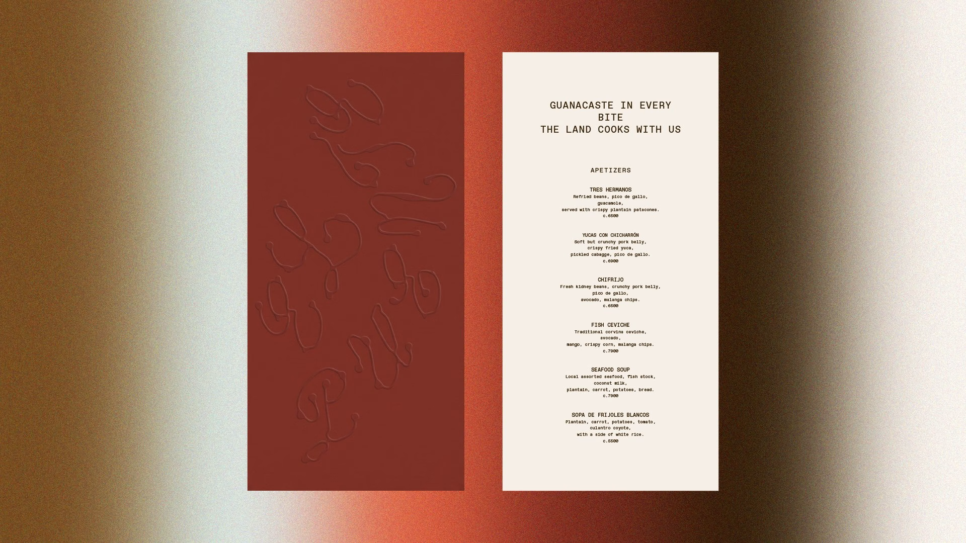 Menu design for El Puente features a textured brown background with elegant, snaky typography and a cream-colored text layout.