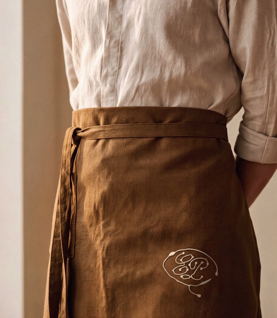 A person wearing a brown apron with a white embroidered snail design, embodying El Puente's restaurant identity.