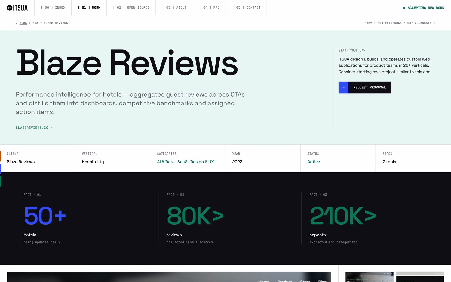 Blaze Reviews project showcasing a clean web design with a soft green background and modern typography elements.
