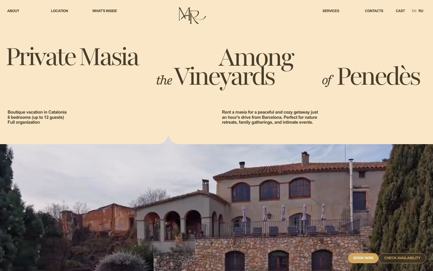 Website design for MontRural featuring elegant typography and a cozy masia set among vineyards in Catalonia.