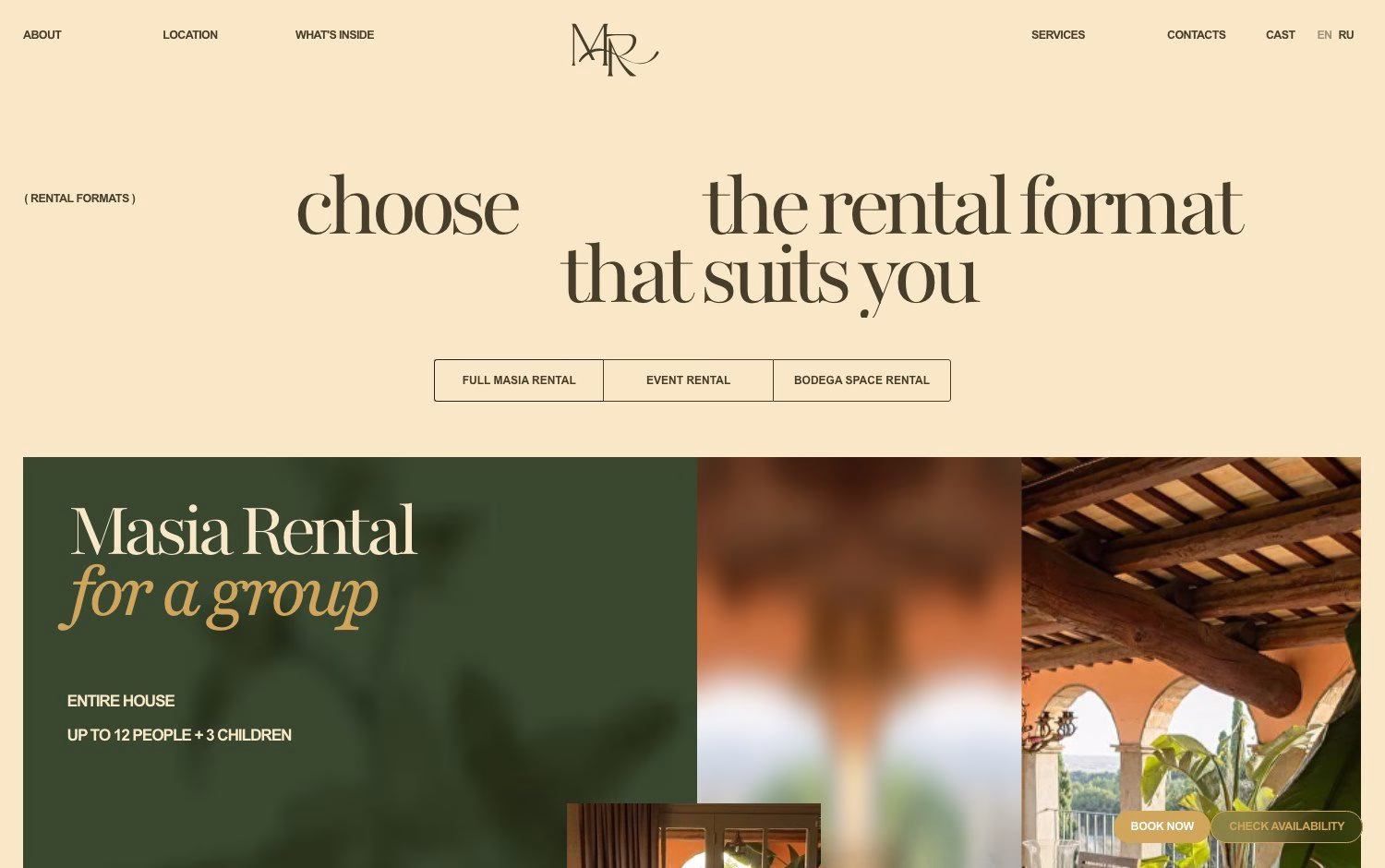 Website design for MontRural features elegant typography and a warm color palette, emphasizing rental options for groups.