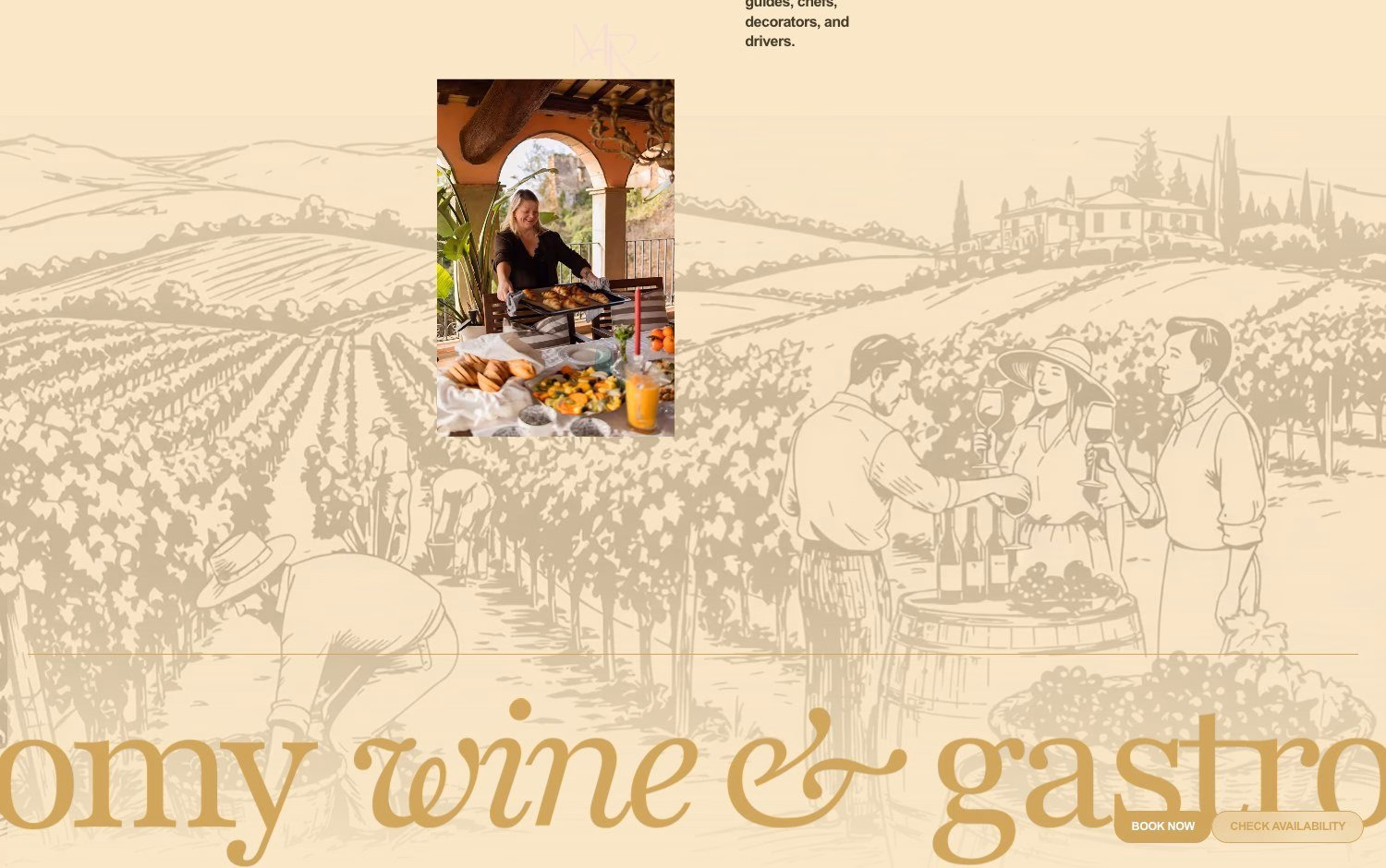 A woman sets a table with a variety of fresh foods against a backdrop of rolling vineyards, showcasing hospitality design.