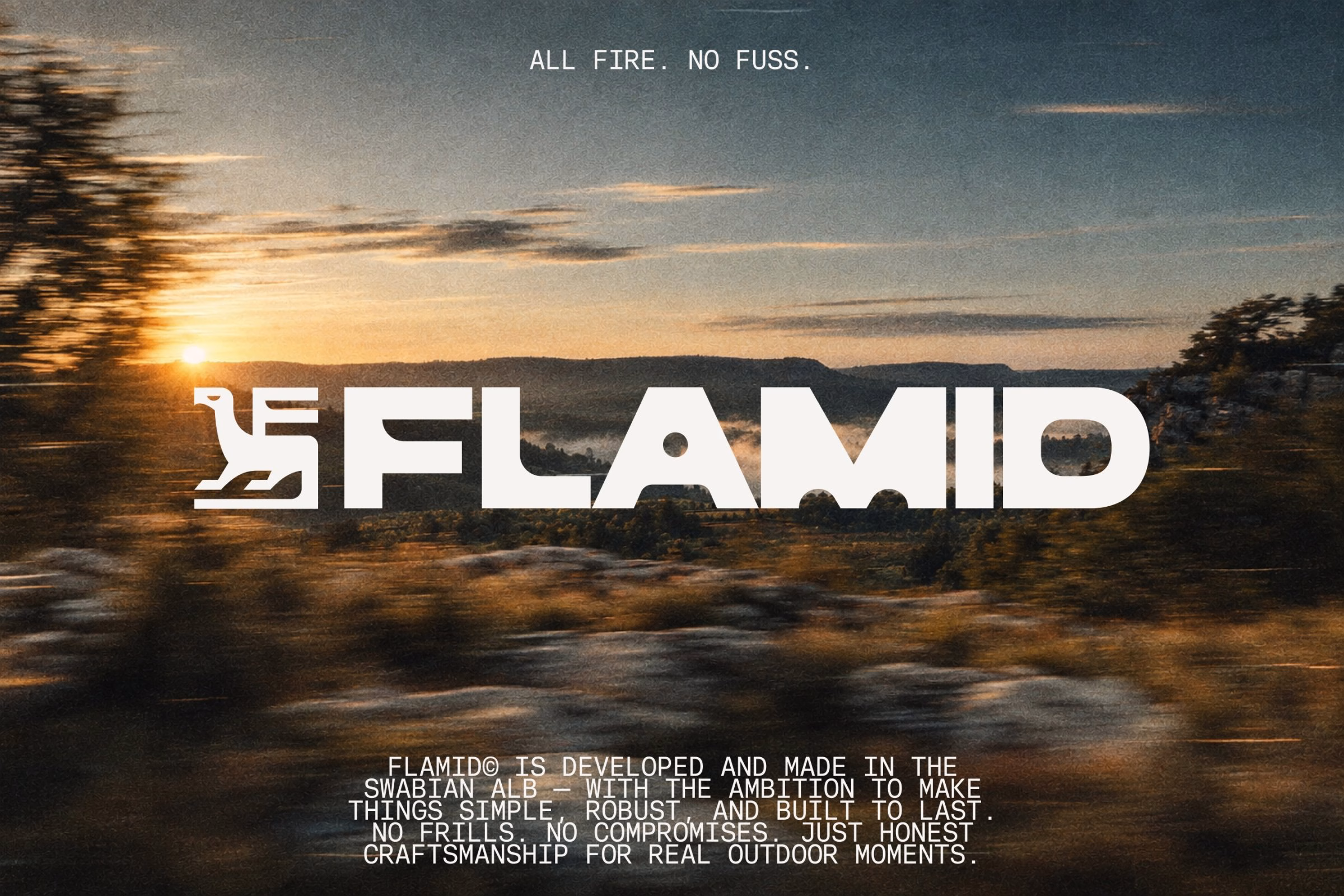 Flamid's logo features a bold bird-in-the-F symbol in white, set against a scenic sunset background.