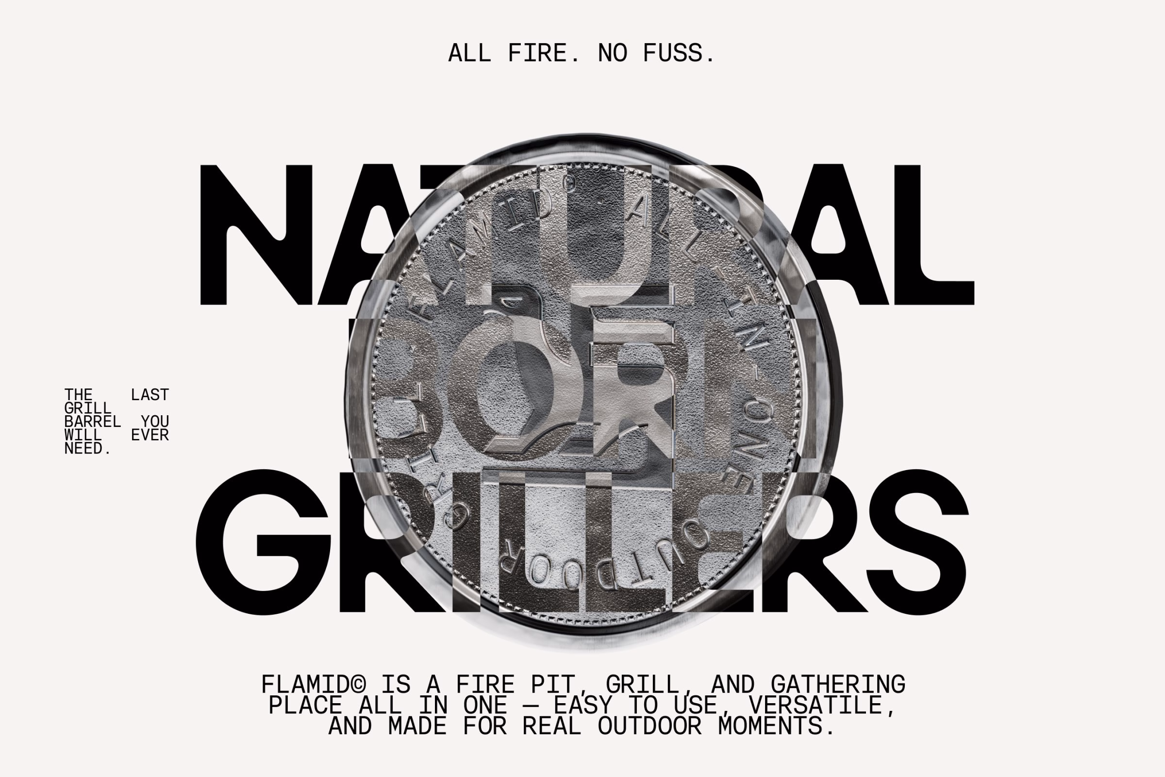 A circular steel grill featuring the bird-in-the-F symbol, set against bold typography and a light background.