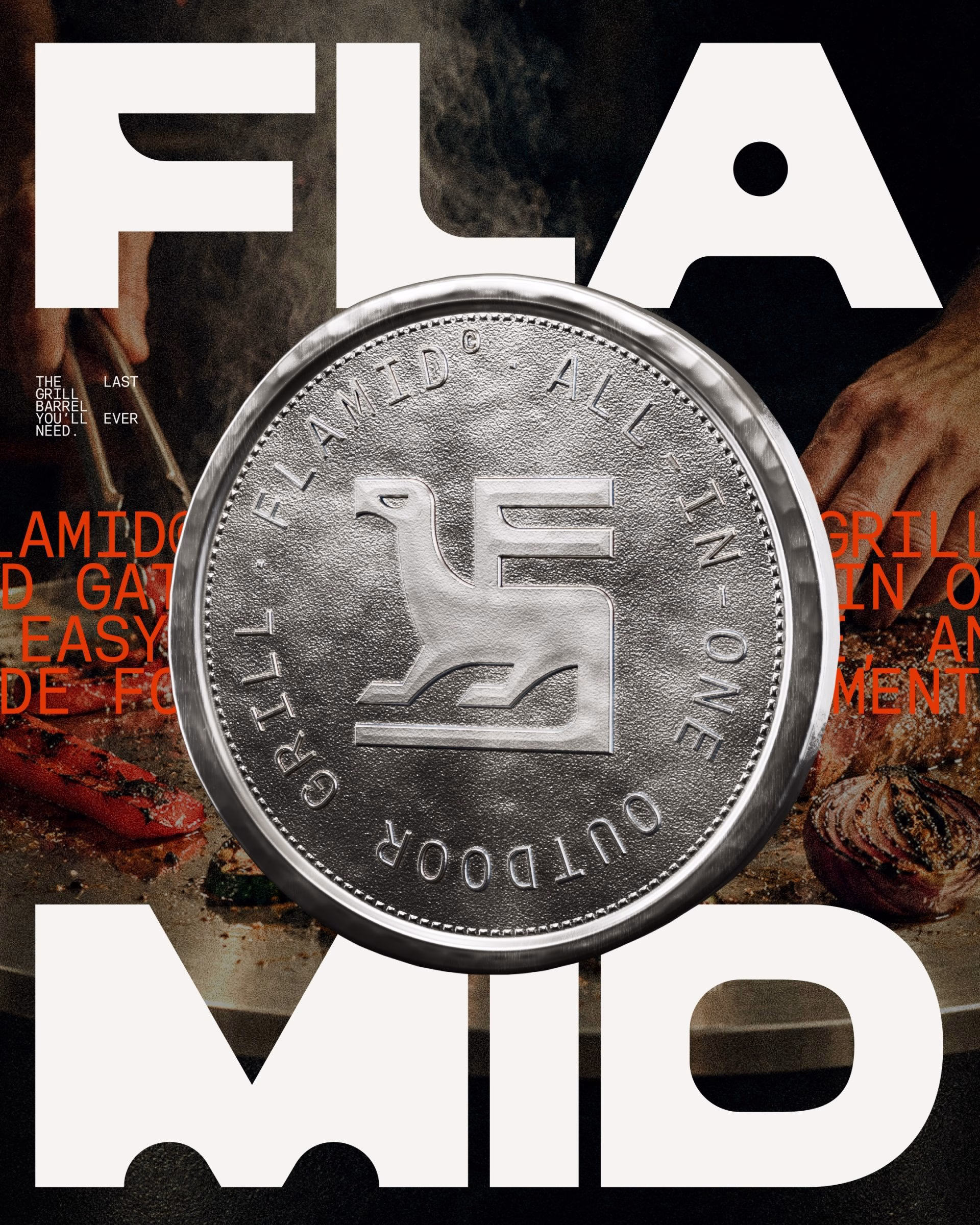 A metallic coin features the bird-in-the-F symbol, representing Flamid's grill, against bold text and a smoky cooking background.