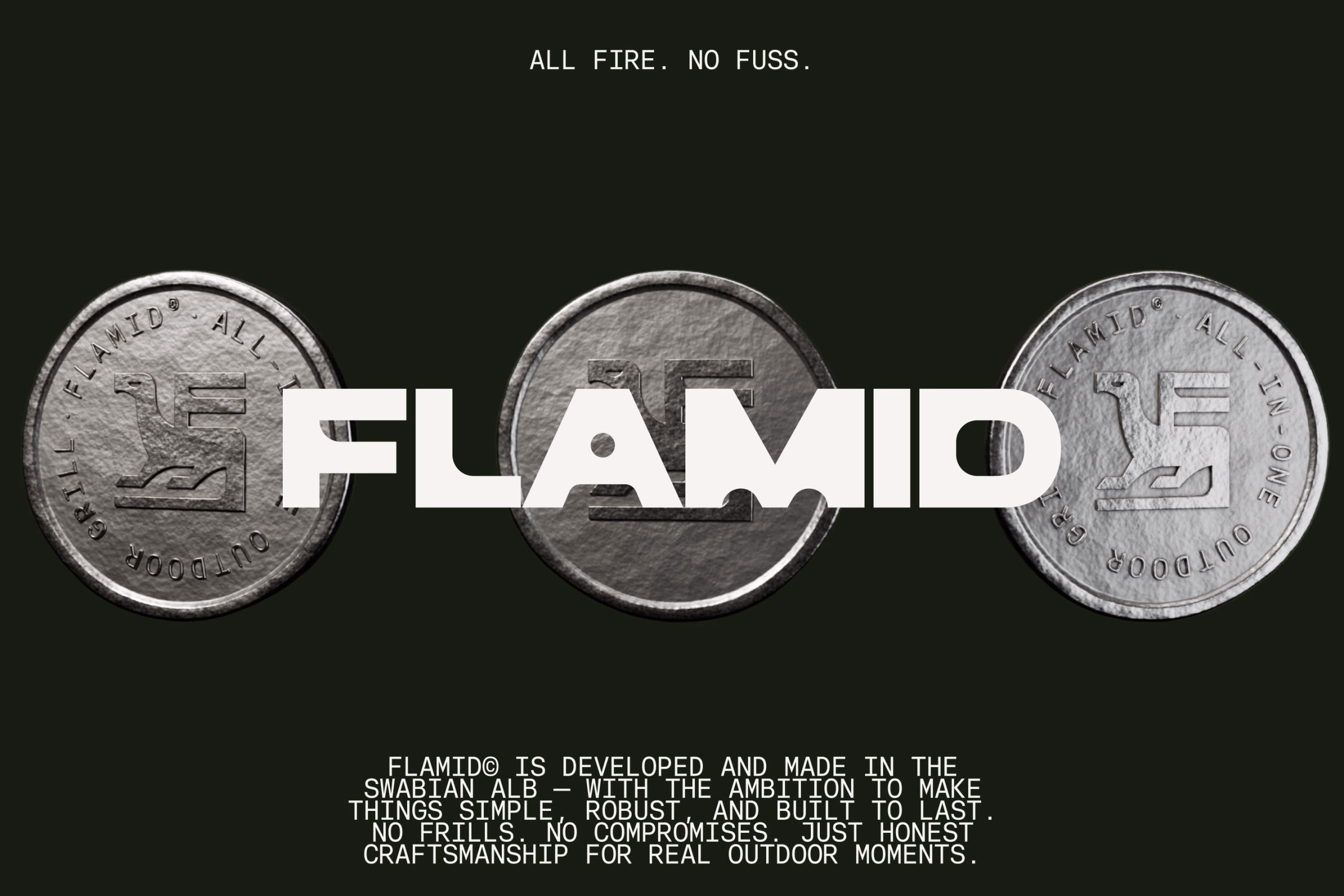 Flamid's bold logo features a bird-in-the-F symbol, set against a dark green background with steel grill textures.