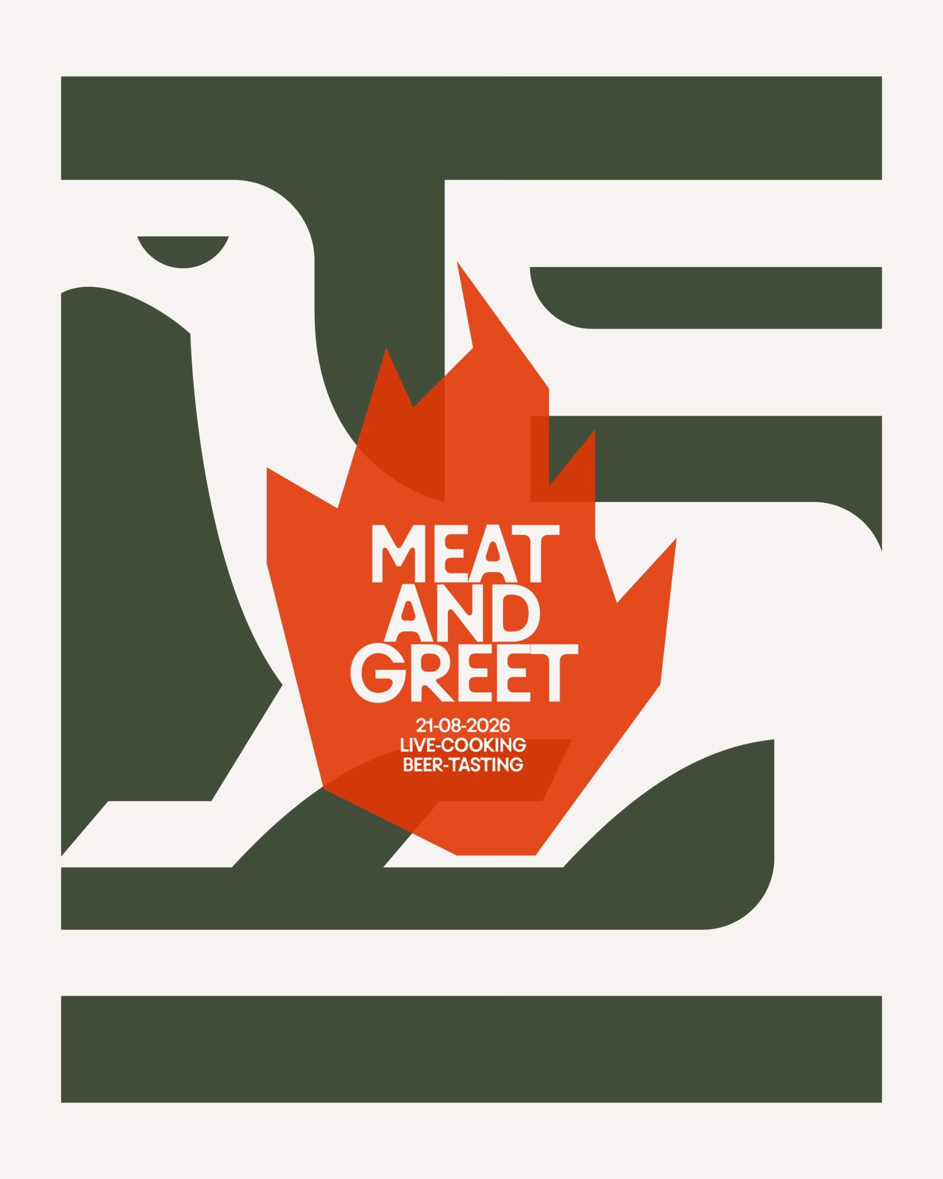 Stylized bird logo with a flame beneath, featuring bold typography for "Meat and Greet" in orange and green hues.