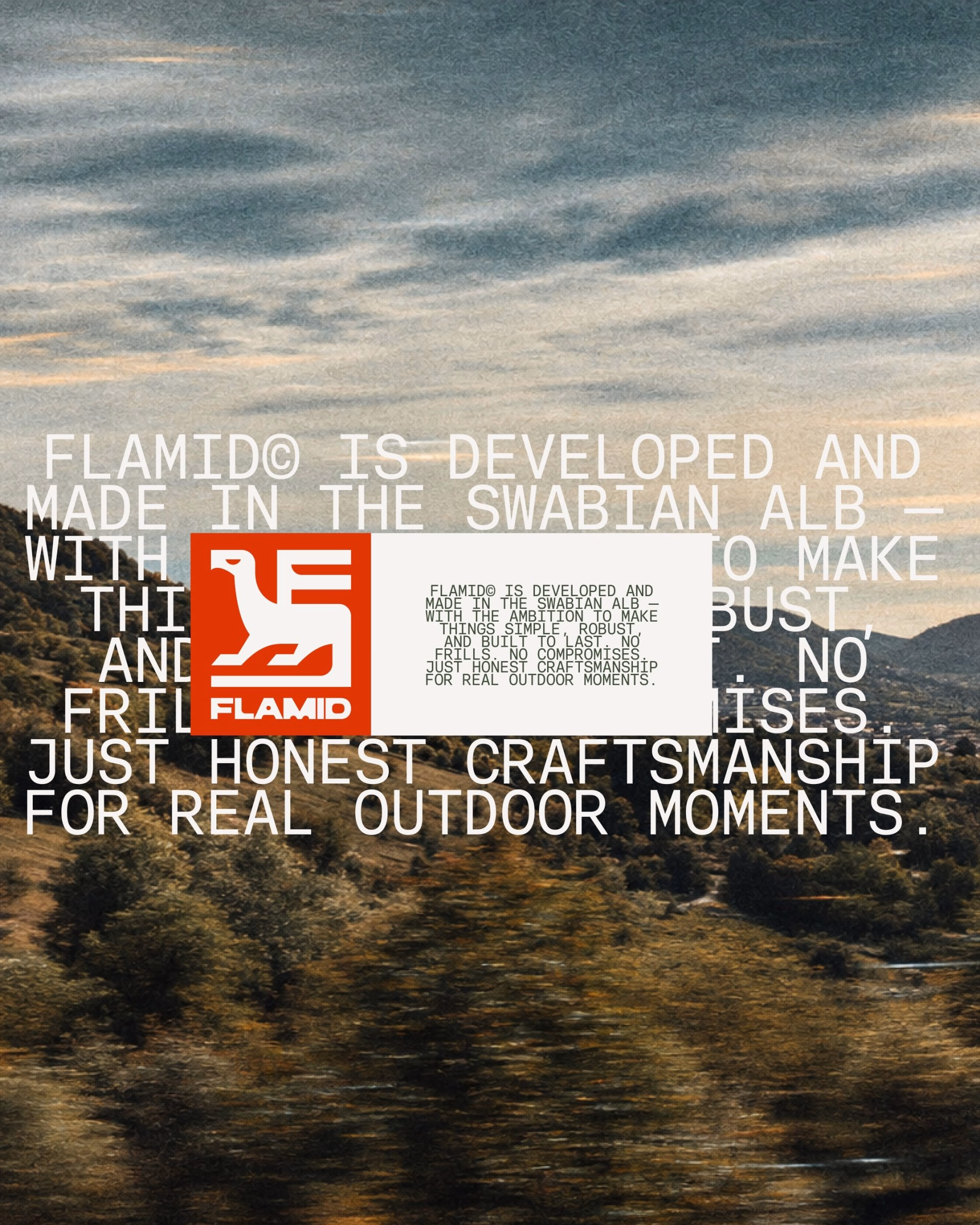 Flamid's logo features a bold red bird-in-the-F symbol on a textured natural landscape background.