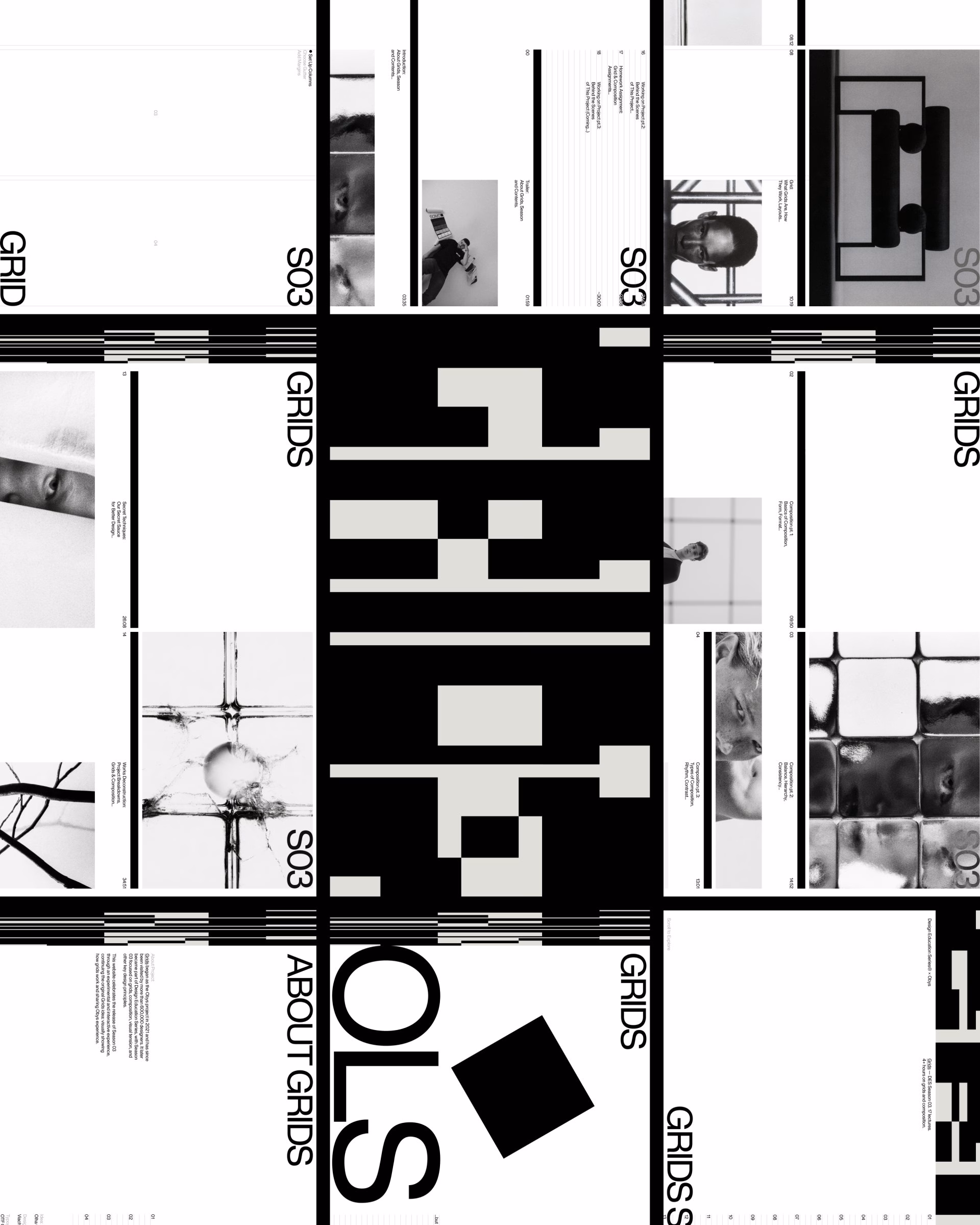 Black and white layout showcasing various grid designs and type treatments for the Grids project, emphasizing visual tension.