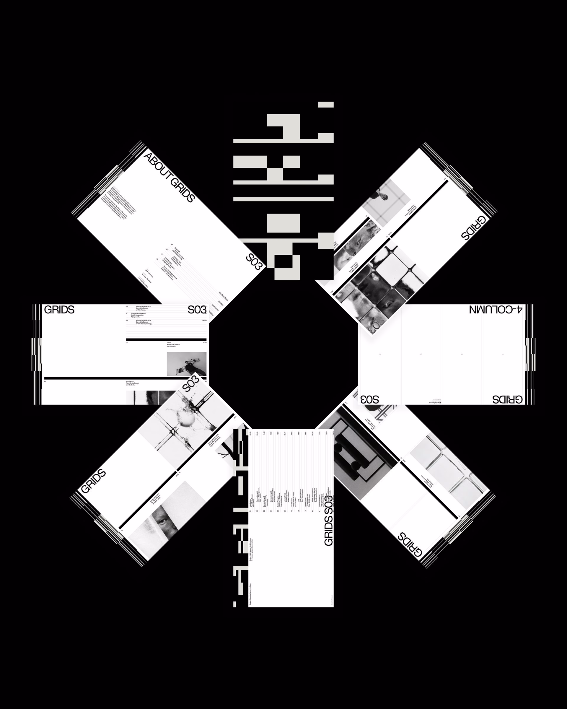 A circular arrangement of black and white design layouts titled "GRIDS," showcasing varying typographic styles and images.