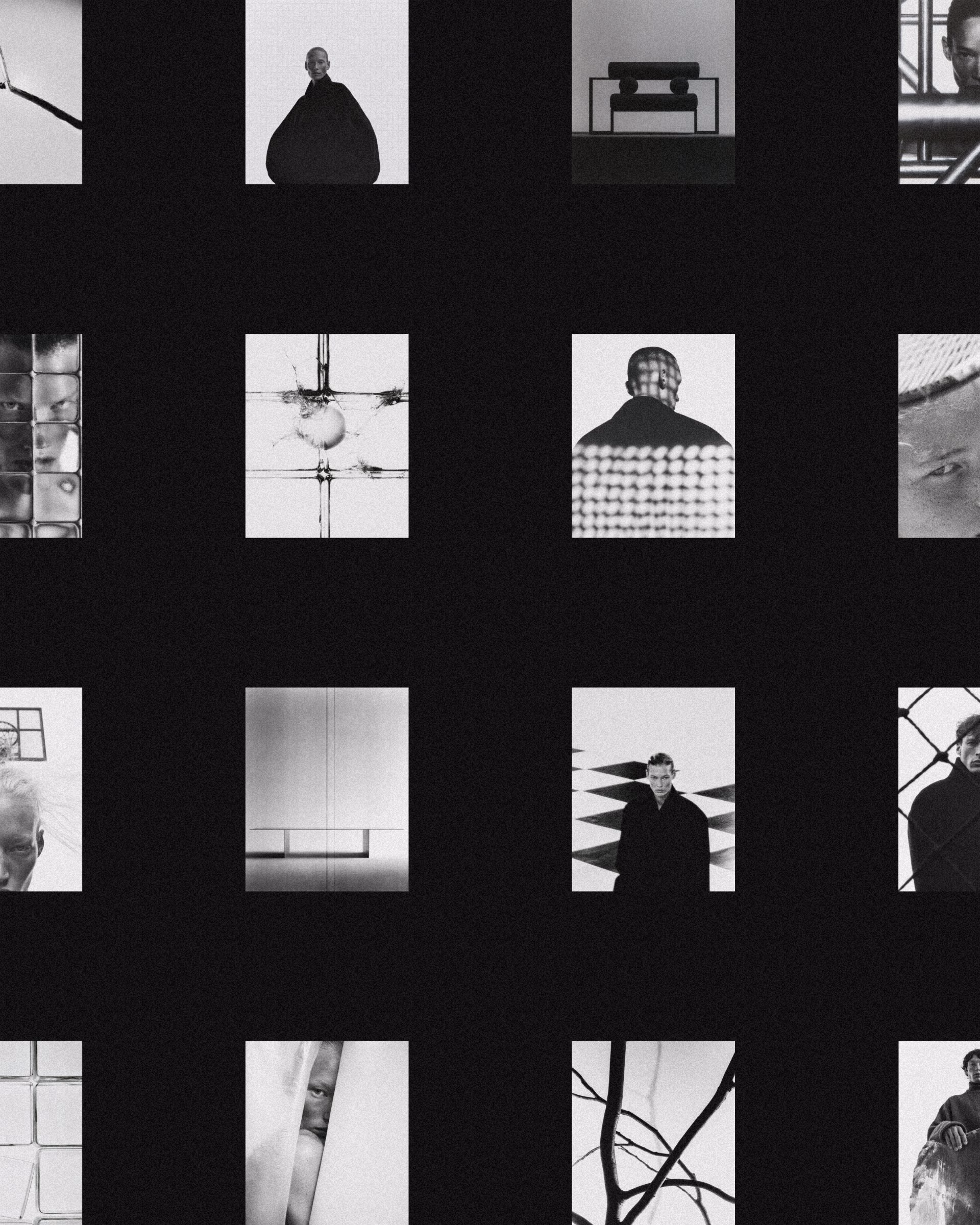 A grid layout displays various black and white images exploring composition, form, and visual tension in design.
