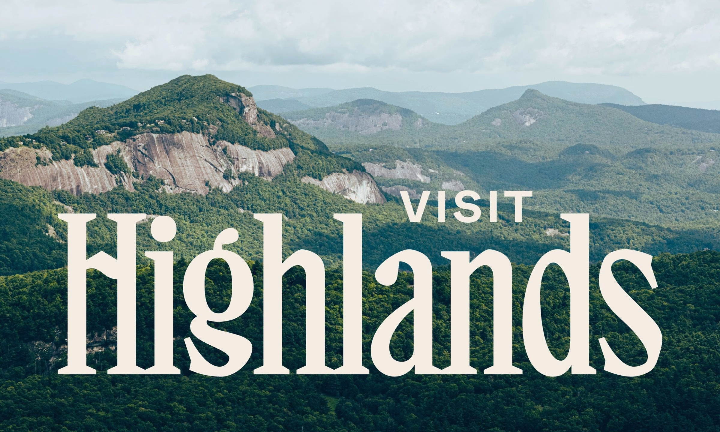 The design features bold serif typography reading "Visit Highlands" against a lush green mountain backdrop.