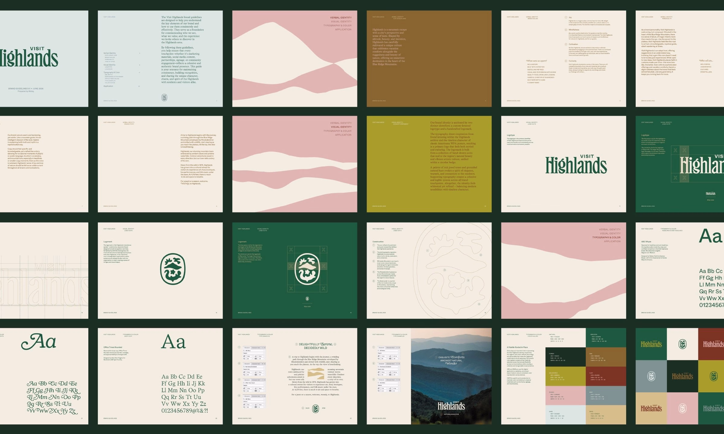 Brand identity design for Visit Highlands, featuring earthy colors and elegant typography on various layout pages.