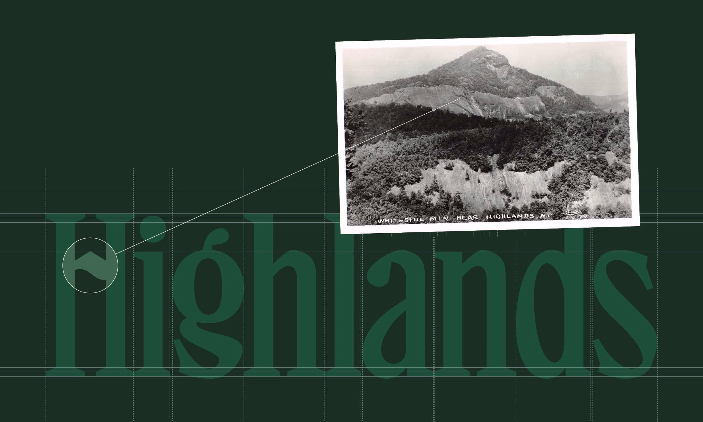 A vintage black-and-white photograph of a mountain overlaid on a dark green backdrop featuring the word "Highlands" in large typography.