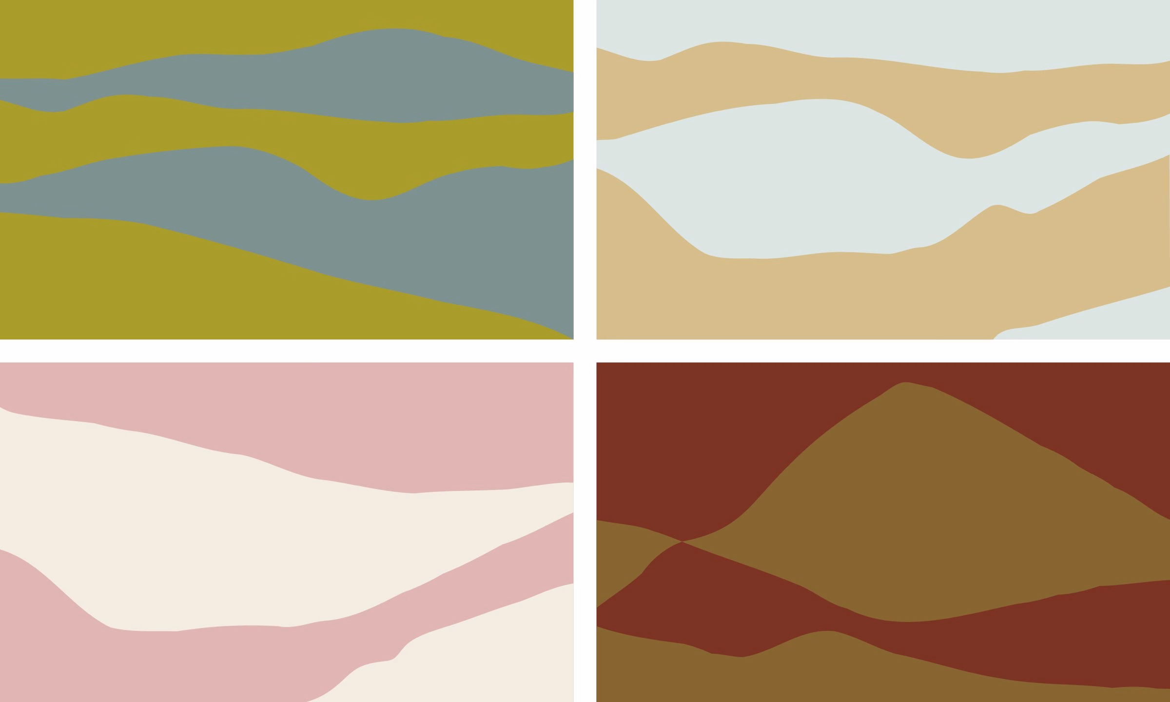 Four abstract panels showcasing wavy landscapes in muted colors for Visit Highlands' destination identity project.