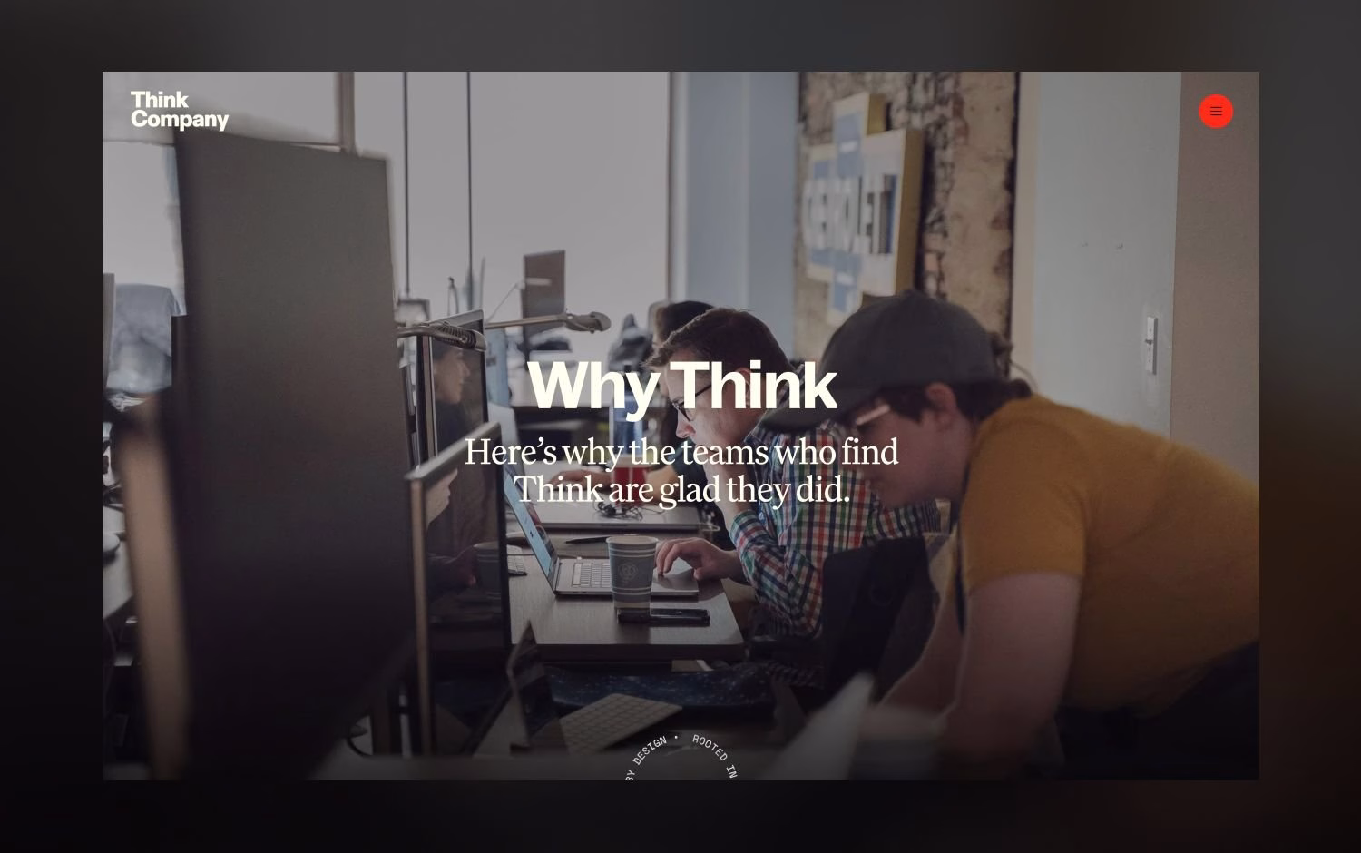 Think Company website Why Think section over a photo of the team at work, by DEEO
