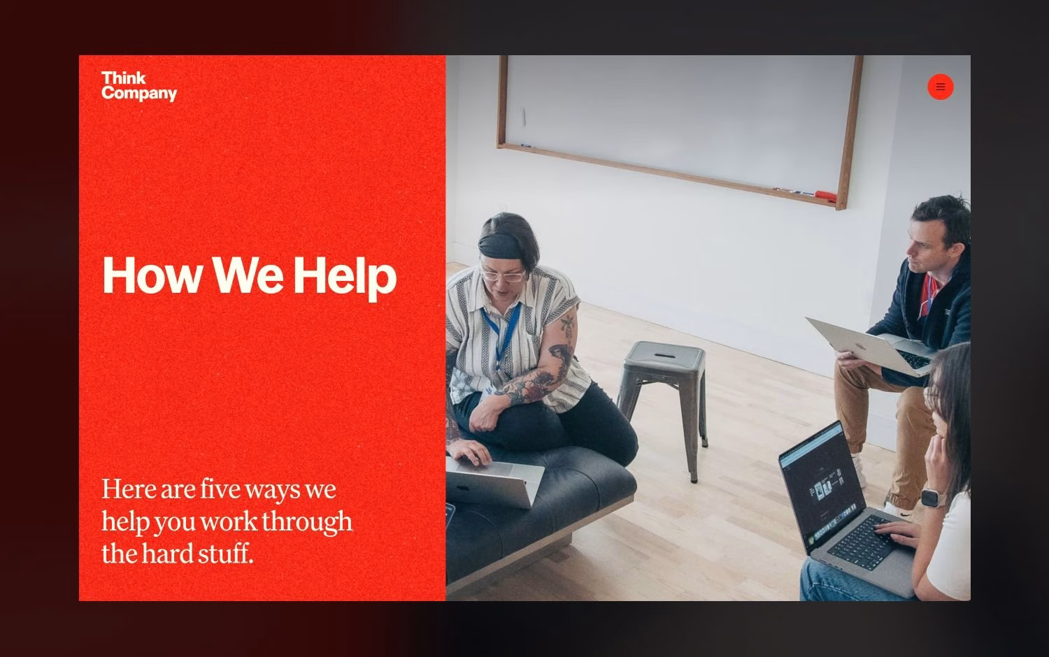Think Company website How We Help section in red with a team meeting photo, by DEEO
