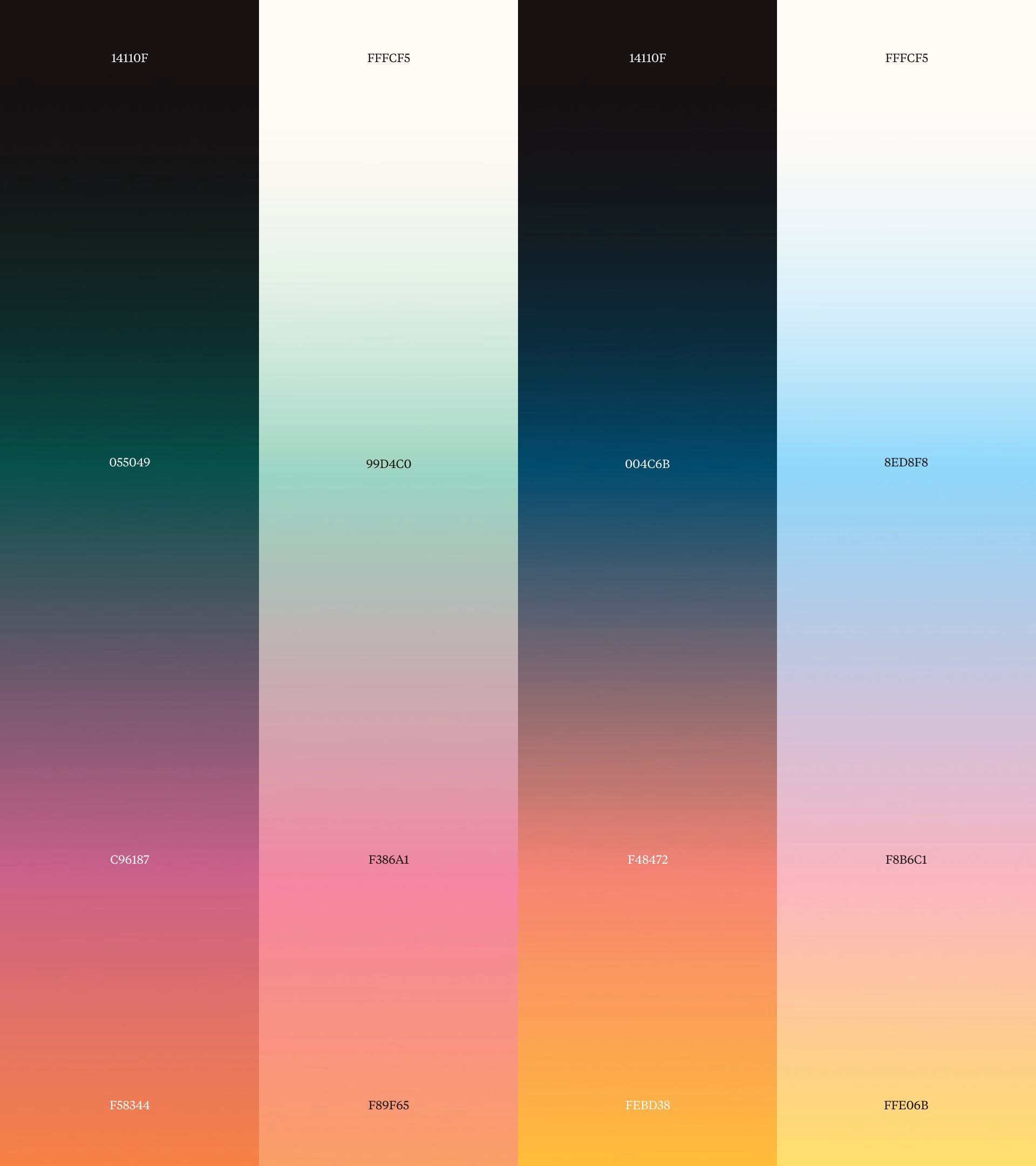 A gradient color palette featuring deep blacks, soft whites, and vibrant hues for modern typography and design.