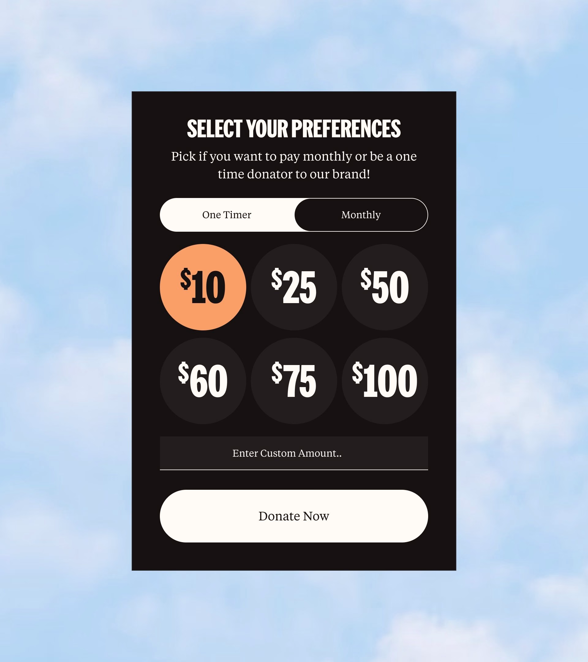 Donation selection interface featuring bold typography and circular options in a modern black and white design.
