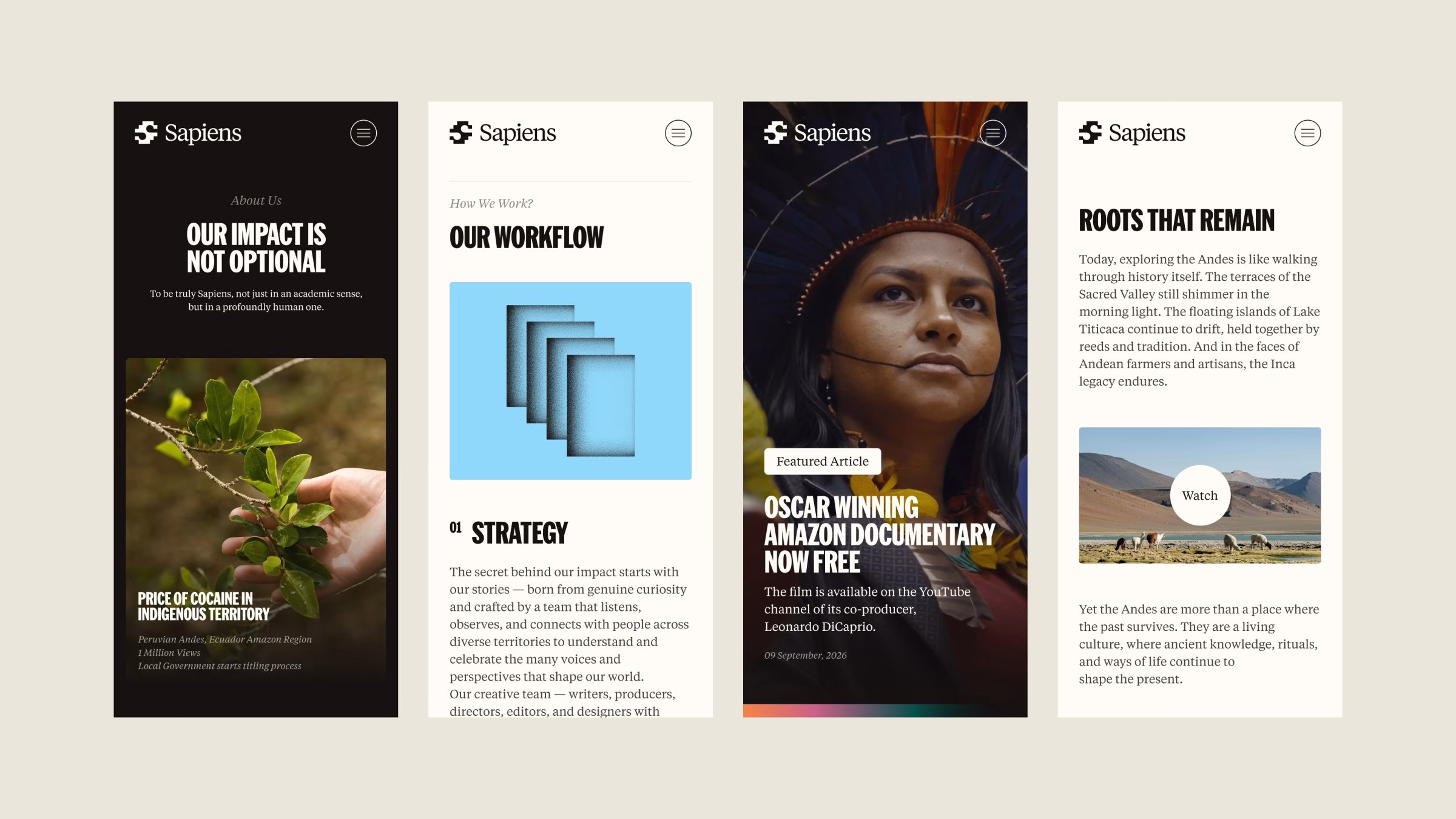 Four mobile screens showcasing Sapiens' design with diverse imagery, bold typography, and a modern layout.