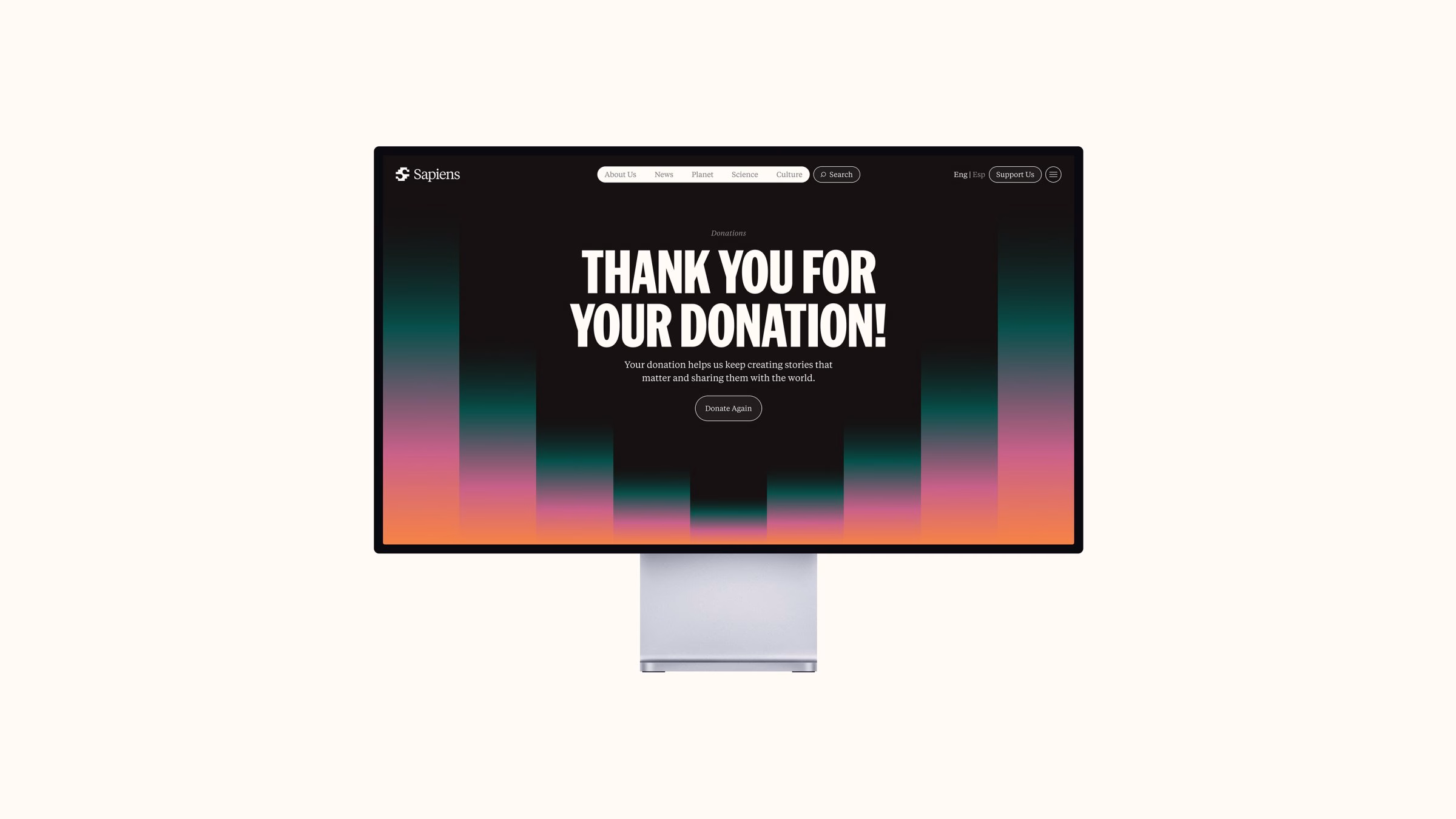 The Sapiens project features a donation screen with bold white typography and a vibrant gradient background.