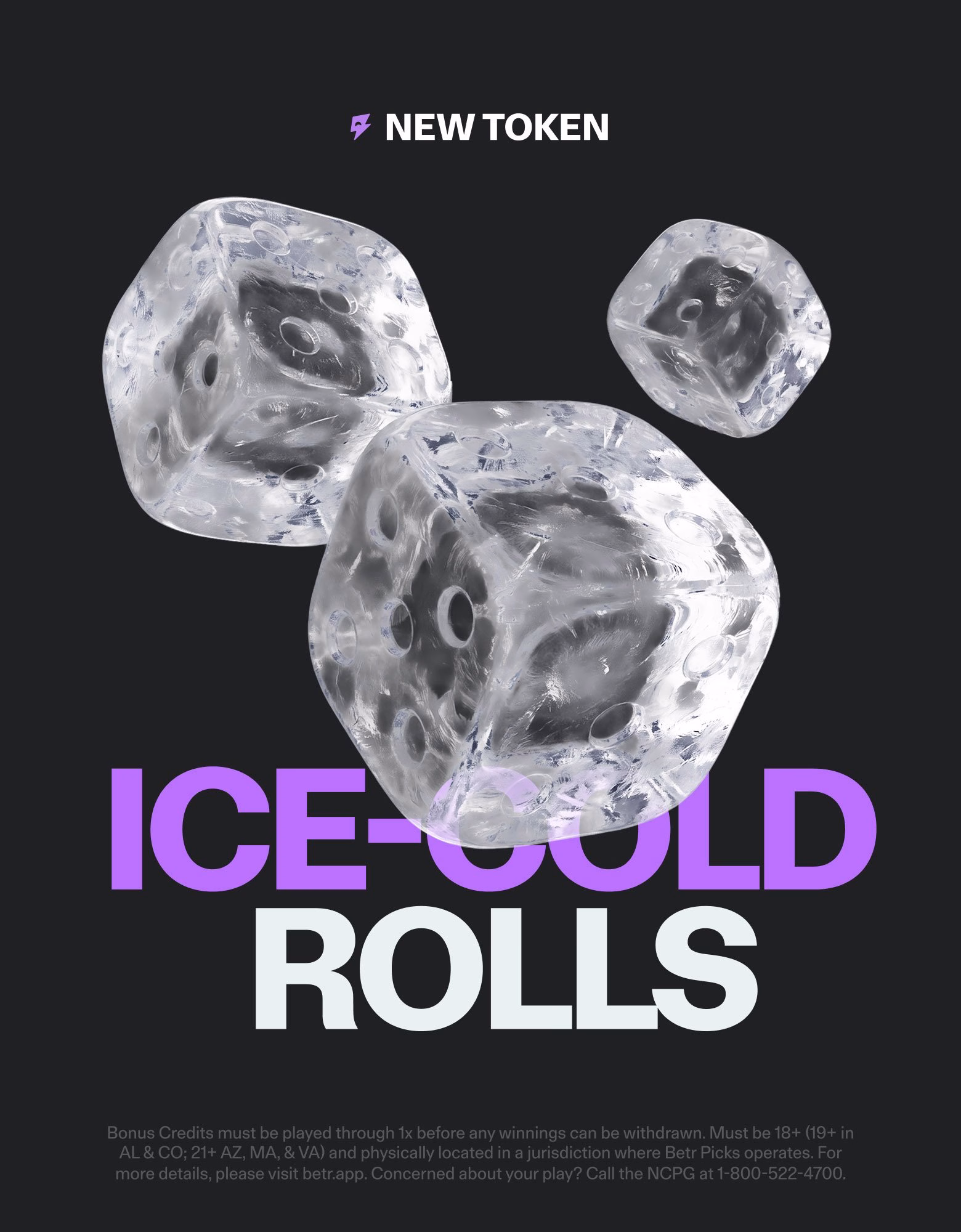 Two clear ice-cube dice are shown above the text "ICE-COLD ROLLS" in bold white and purple letters on a dark background.